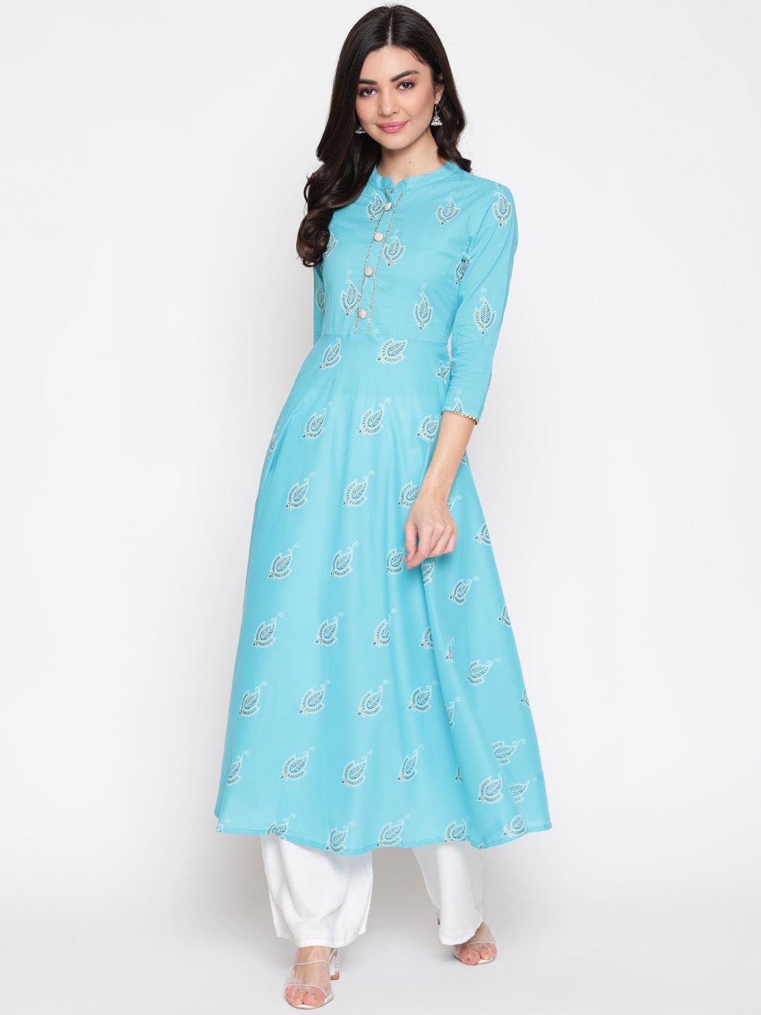 GLAM ROOTS Women Turquoise Blue Ethnic Motifs Thread Work Floral Anarkali Kurta Price in India