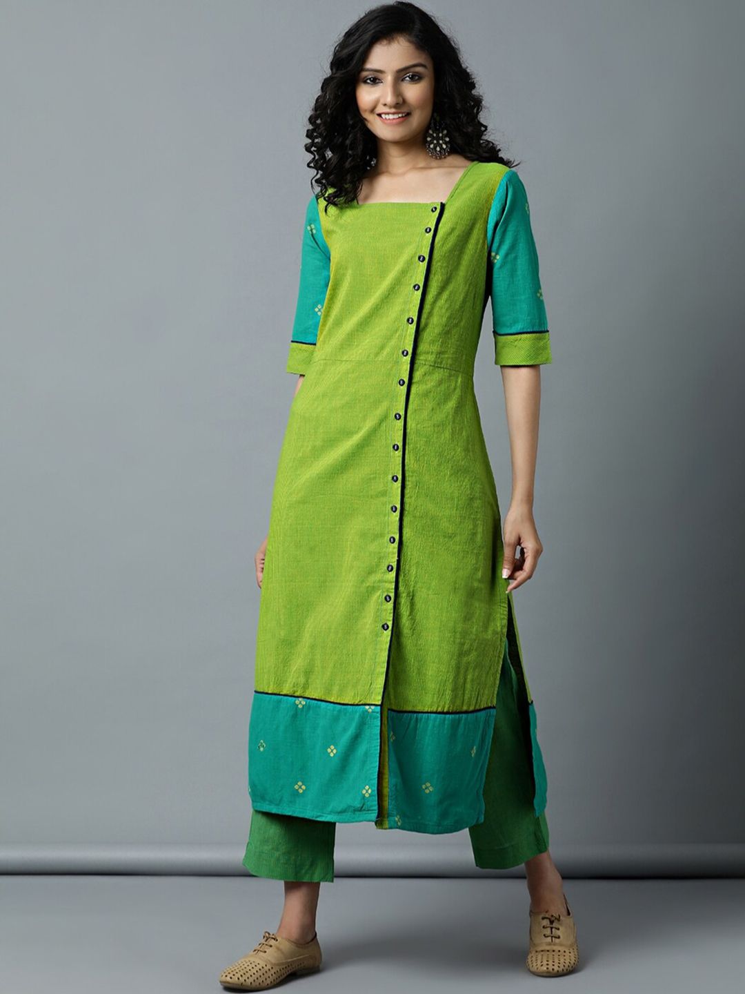 Indian Dobby Women Lime Green Geometric Embroidered Mirror Work Dobby Handloom Kurta Price in India