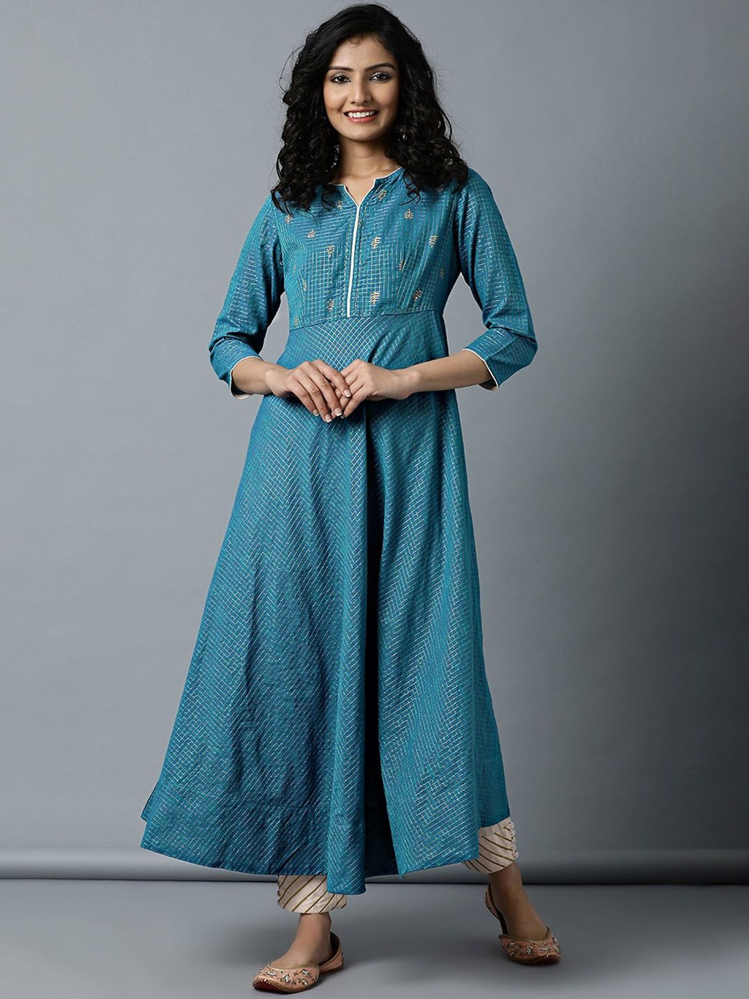 Indian Dobby Women Teal Geometric Yoke Design Dobby Handloom Anarkali Kurta Price in India