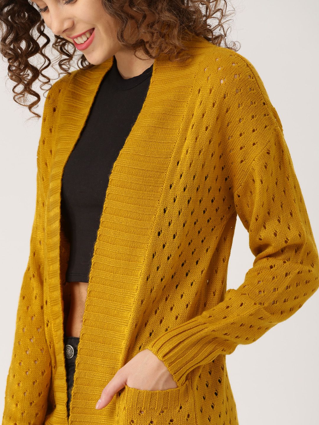 DressBerry Women Mustard Yellow Self-Design Front-Open Sweater Price in India