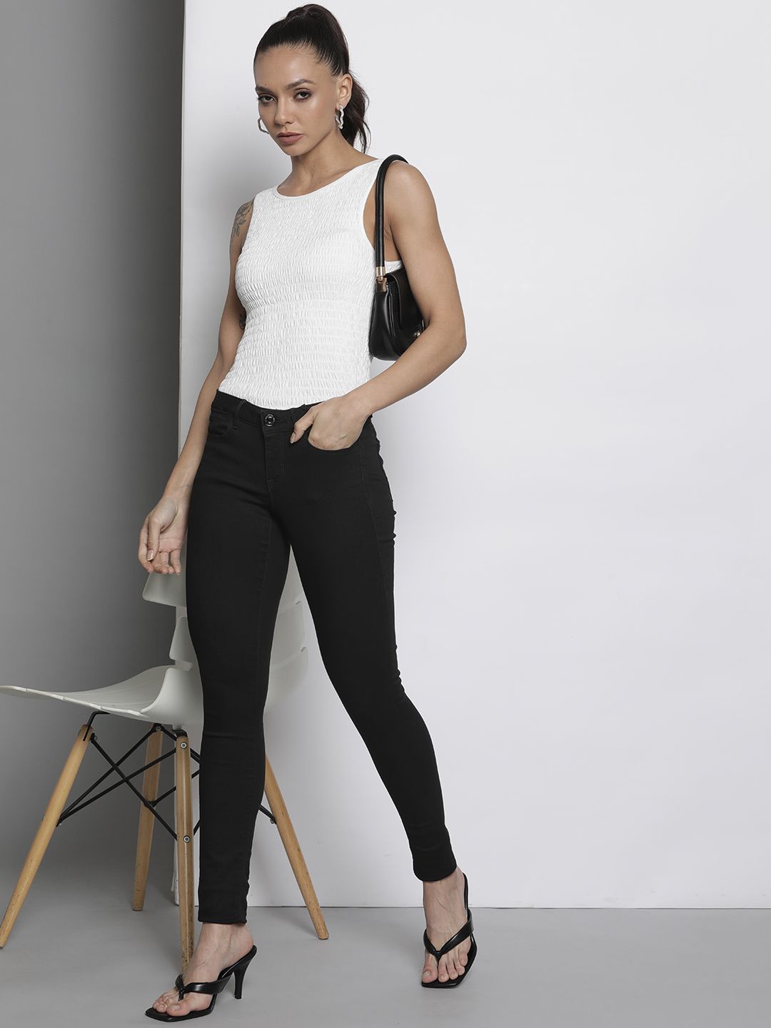 GUESS Women Black Skinny Fit High-Rise Stretchable Jeans Price in India