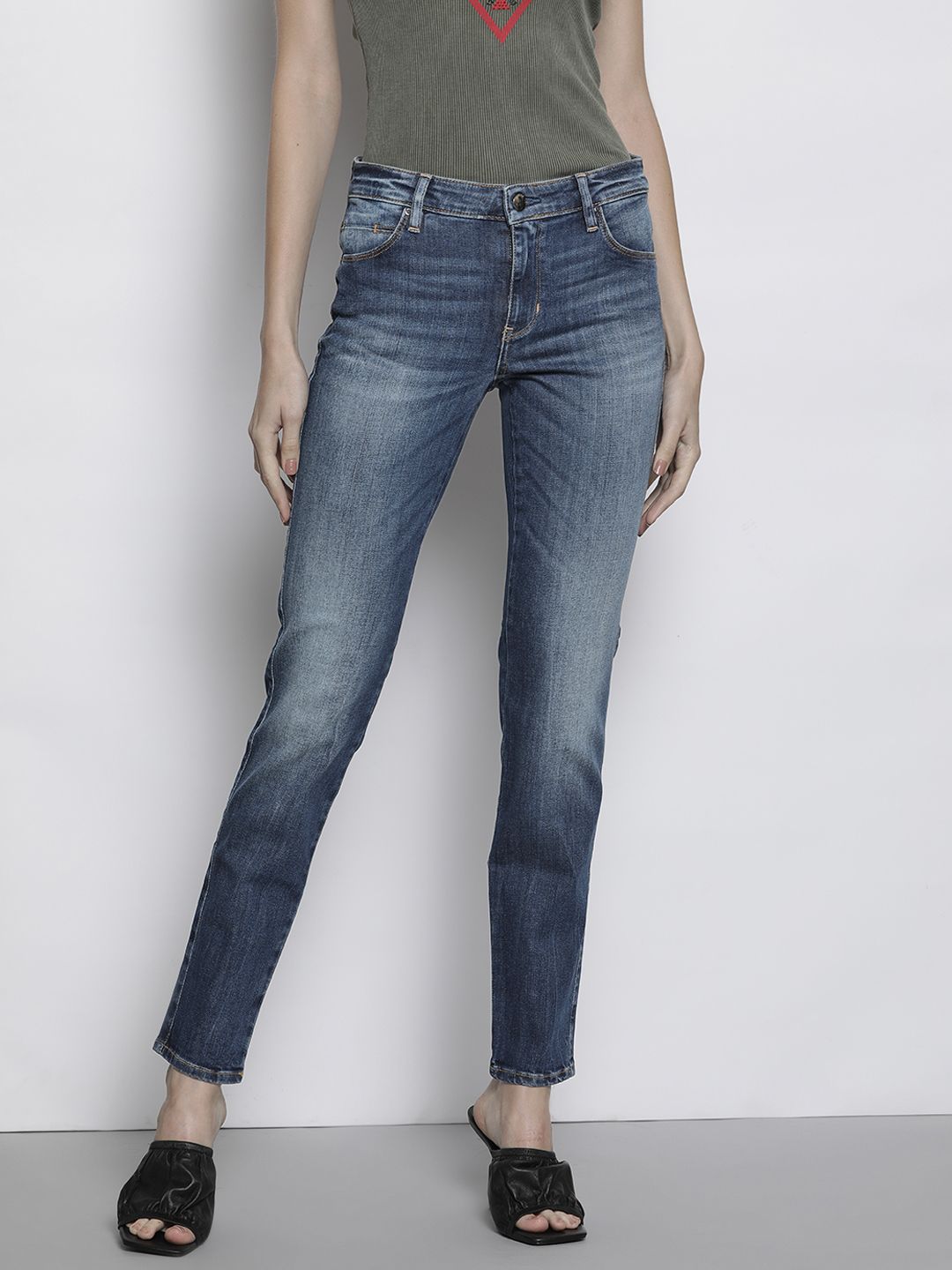 GUESS Women Navy Blue Light Fade Stretchable Jeans Price in India