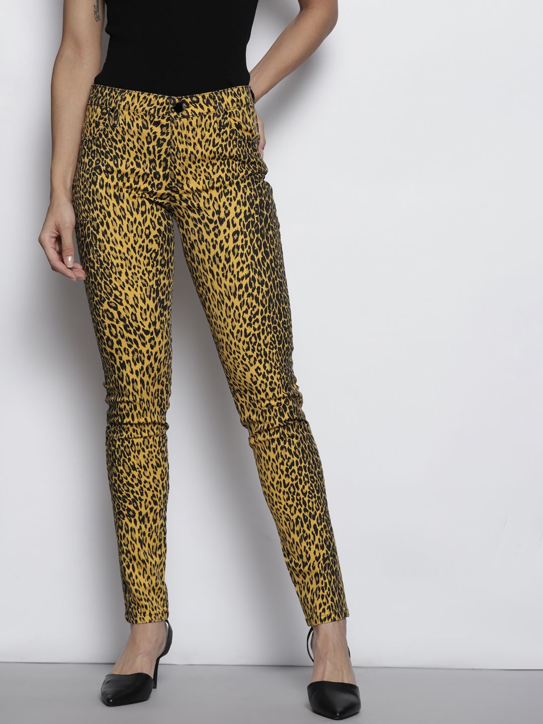 GUESS Women Yellow & Black Leopard Printed Jeans Price in India