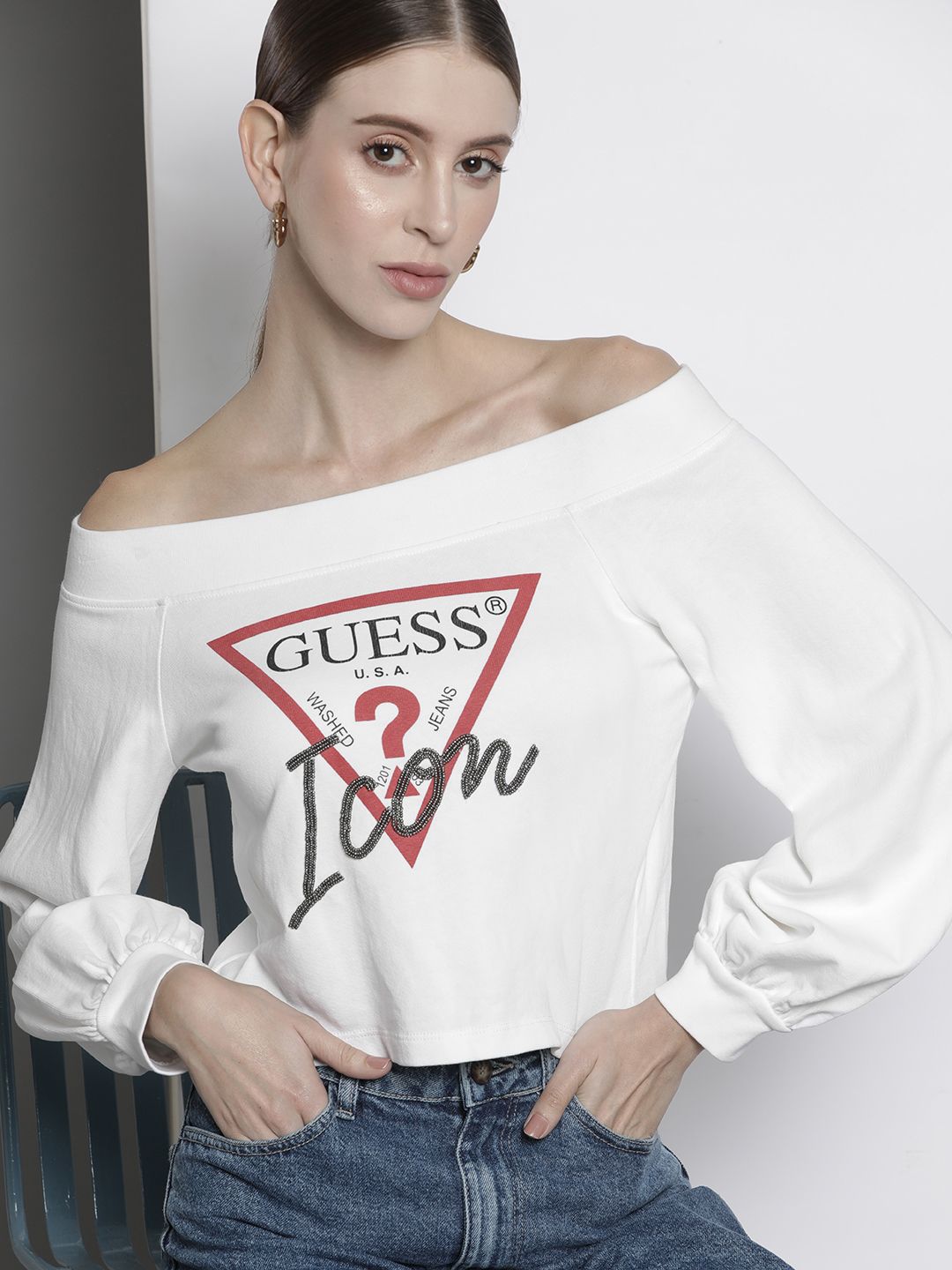 GUESS Women White Printed Off Shoulder Sweatshirt Price in India