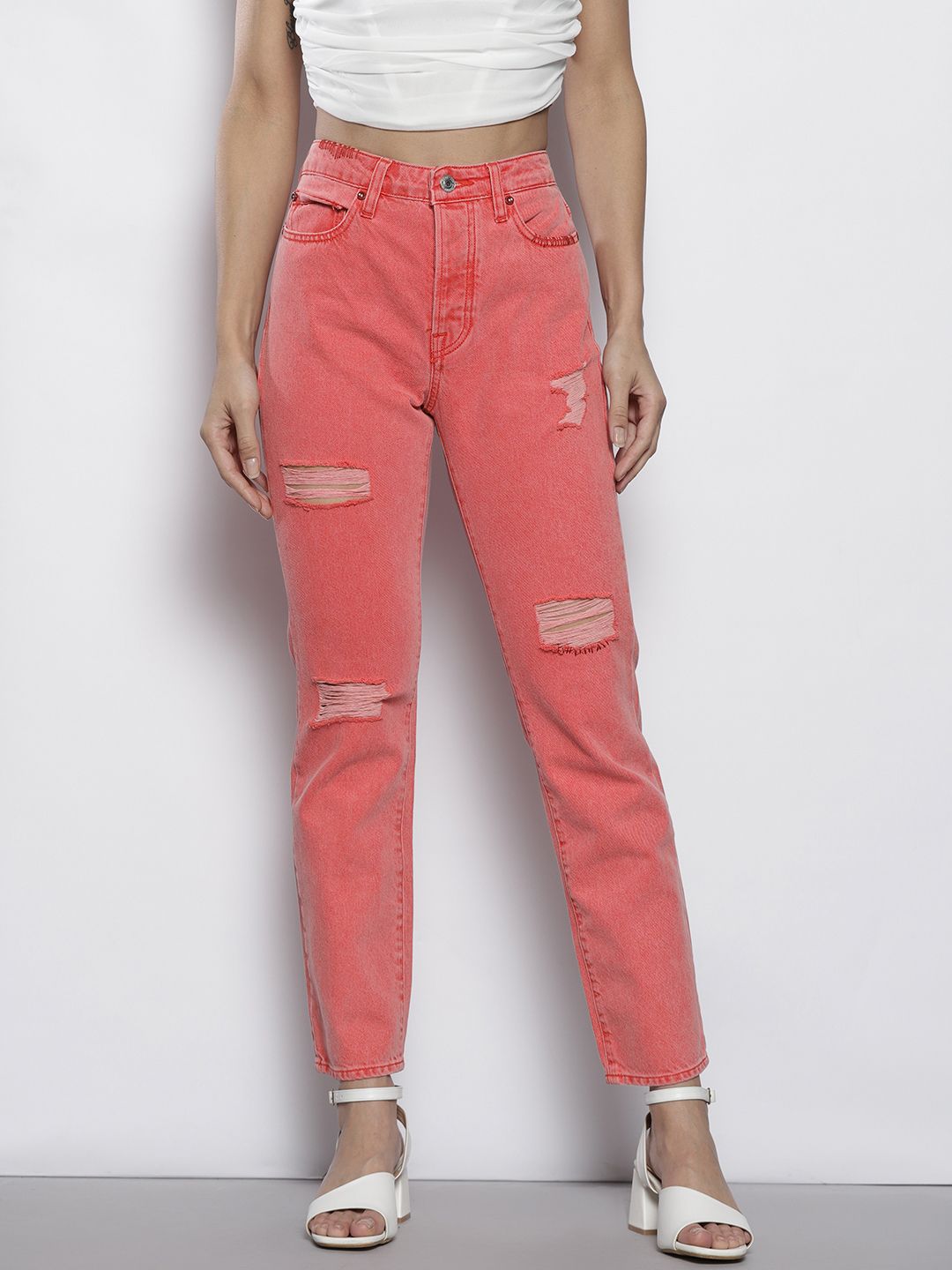GUESS Women Coral Red Pure Cotton Straight Fit High-Rise Mildly Distressed Jeans Price in India