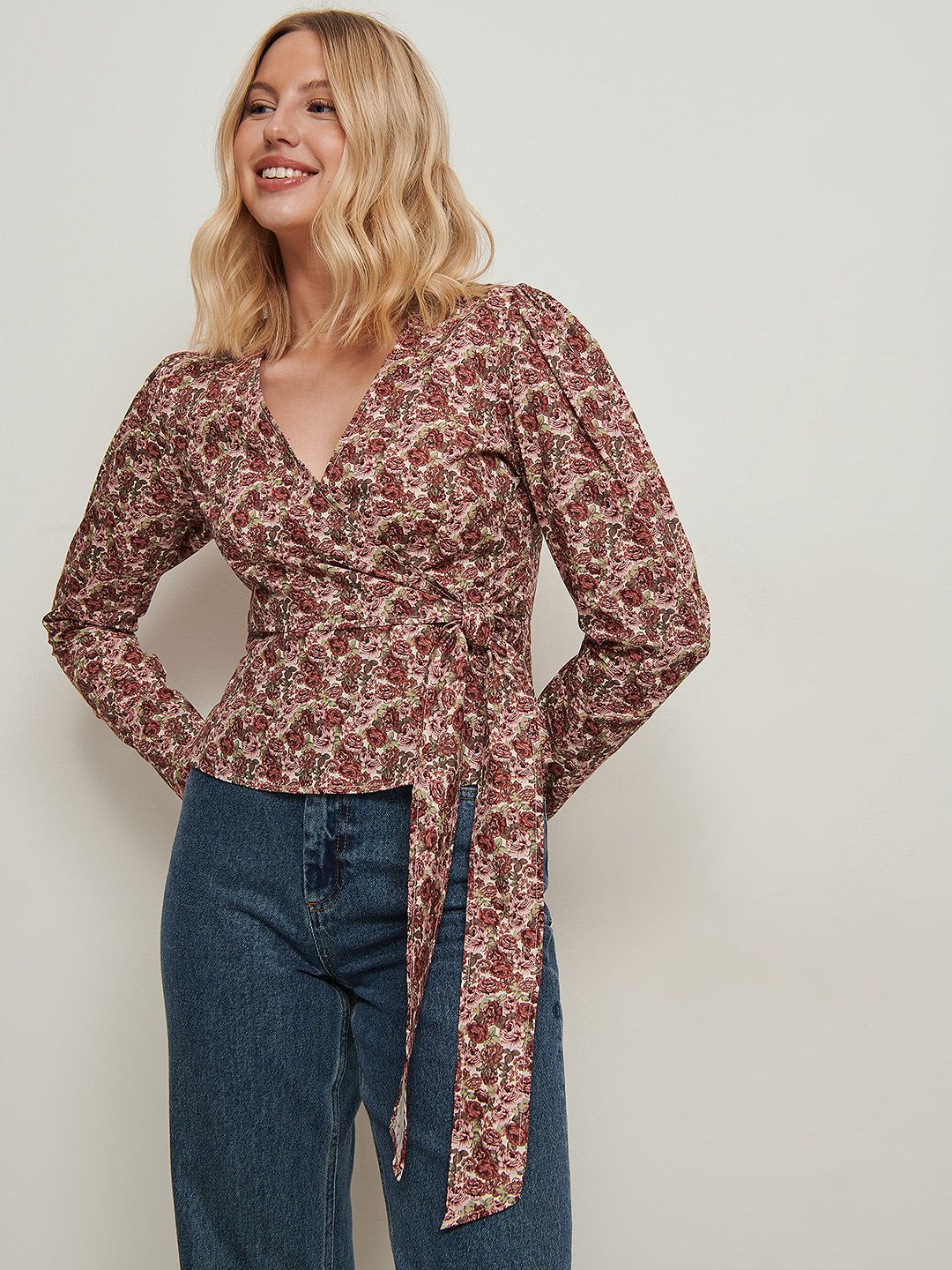 NA-KD Women Rust Brown & Pink Pure Cotton Floral Print Wrap Top
