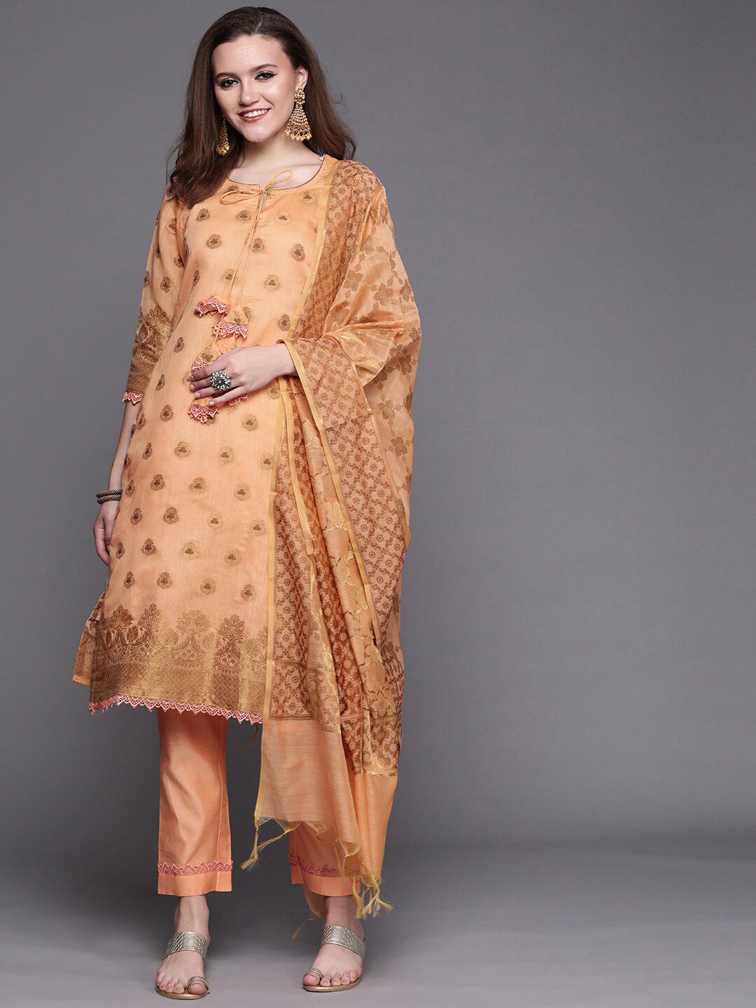 Chhabra 555 Peach-Coloured & Gold-Toned Unstitched Dress Material Price in India