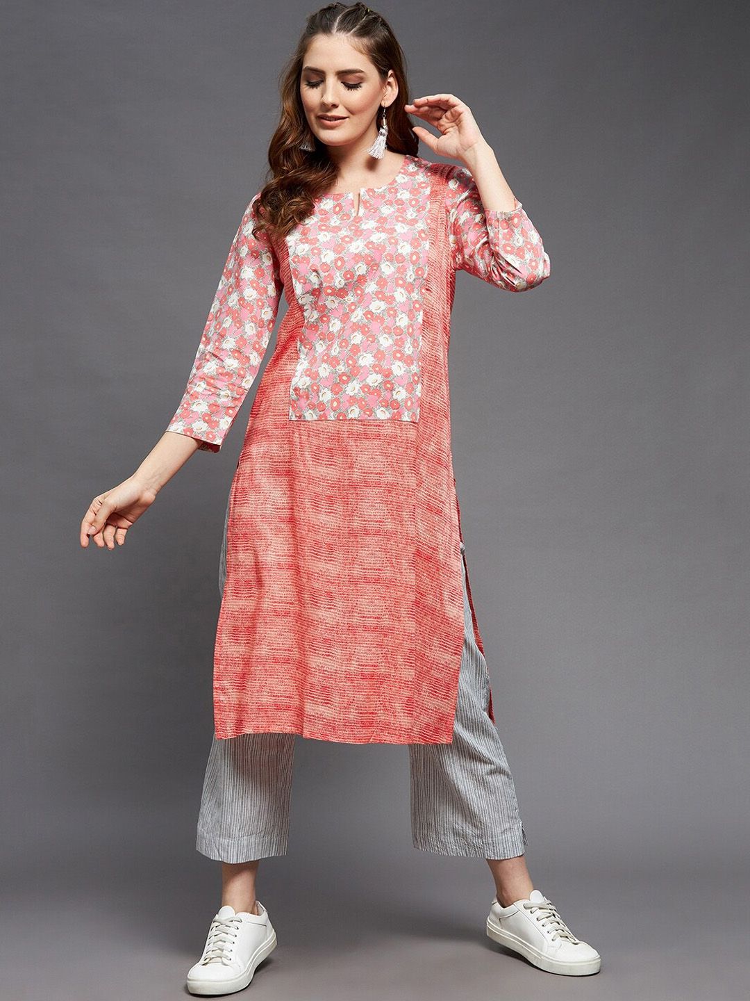 Indian Dobby Women Peach-Coloured Ethnic Motifs Printed Flared Sleeves Thread Work Kurta Price in India