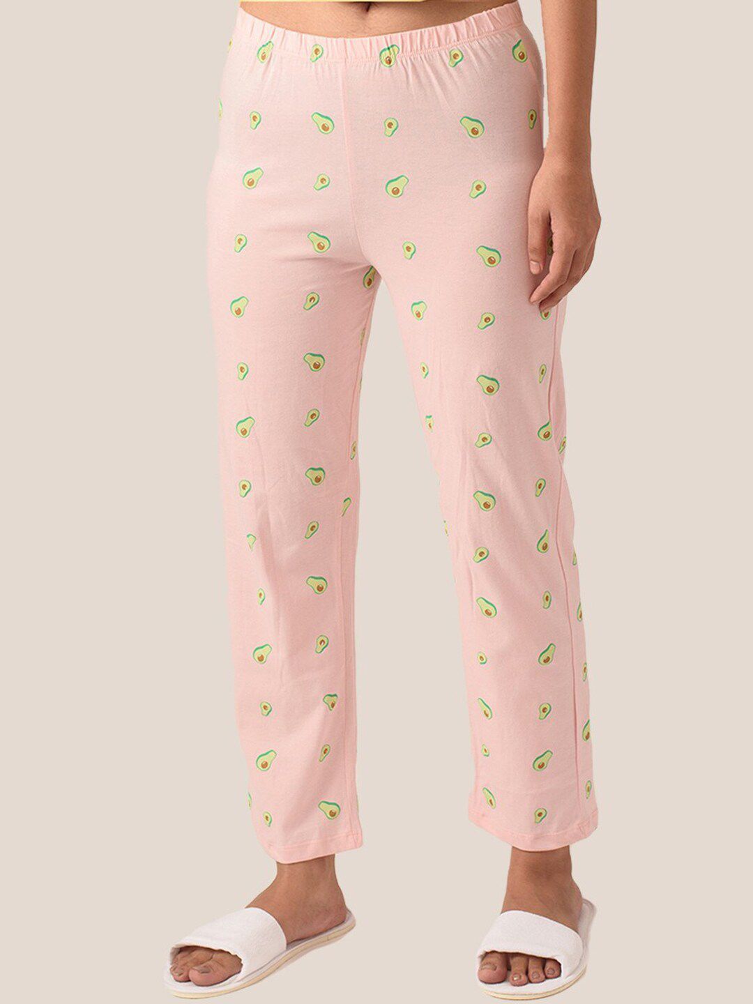 Soxytoes Women Pink & Green Avacado Printed Pure Cotton Lounge Pants Price in India