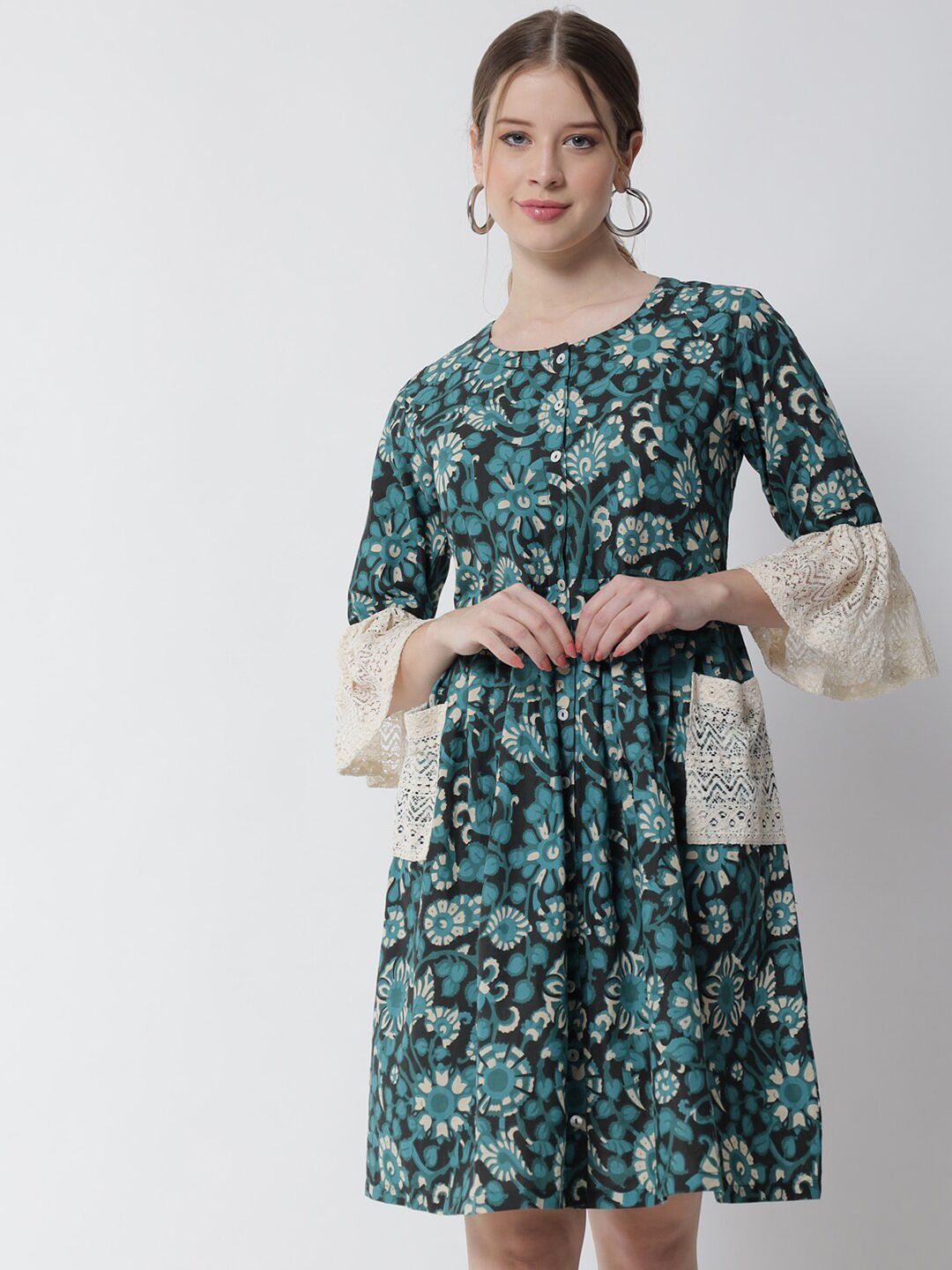 Tulsattva Women Teal Floral Empire Dress Price in India