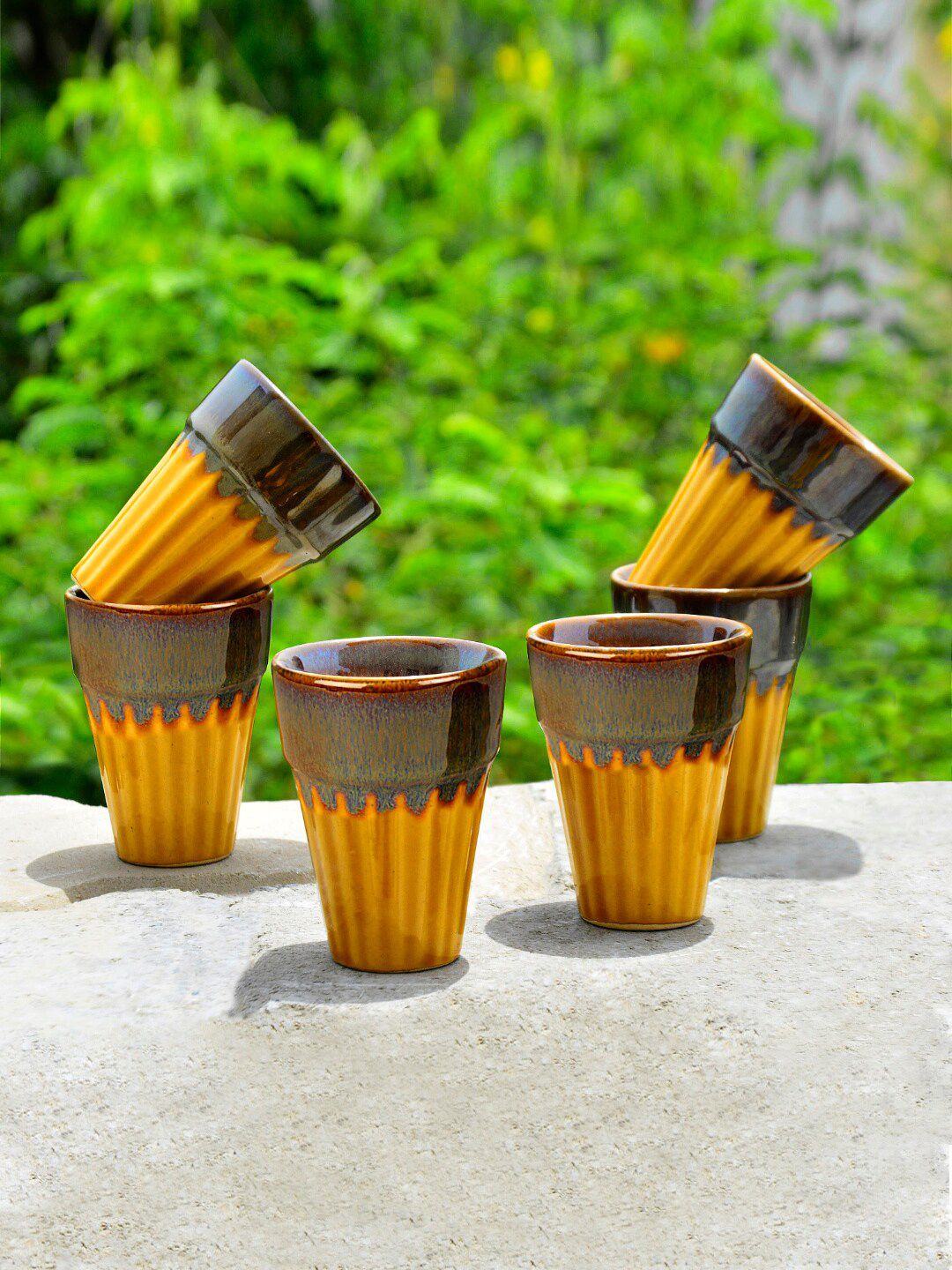 StyleMyWay Set Of 6 Gold-Toned & Brown Textured Ceramic Glossy Kulladhs Price in India