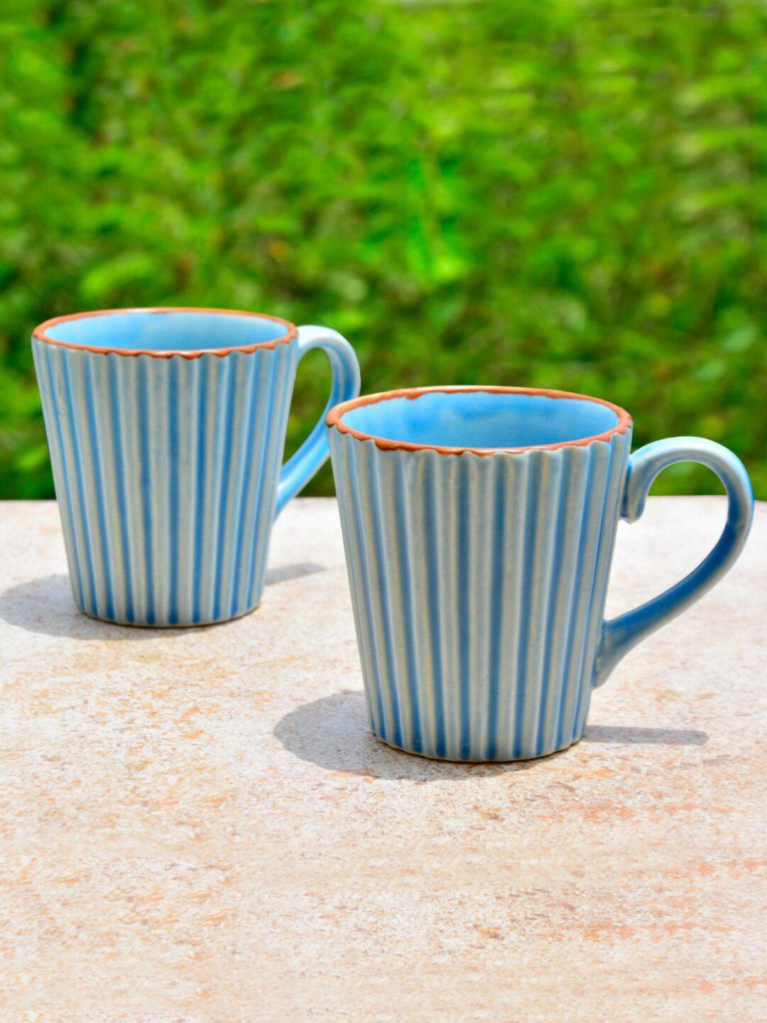 StyleMyWay Set of 2 Blue Ceramic Ribbed Coffee Mugs Price in India