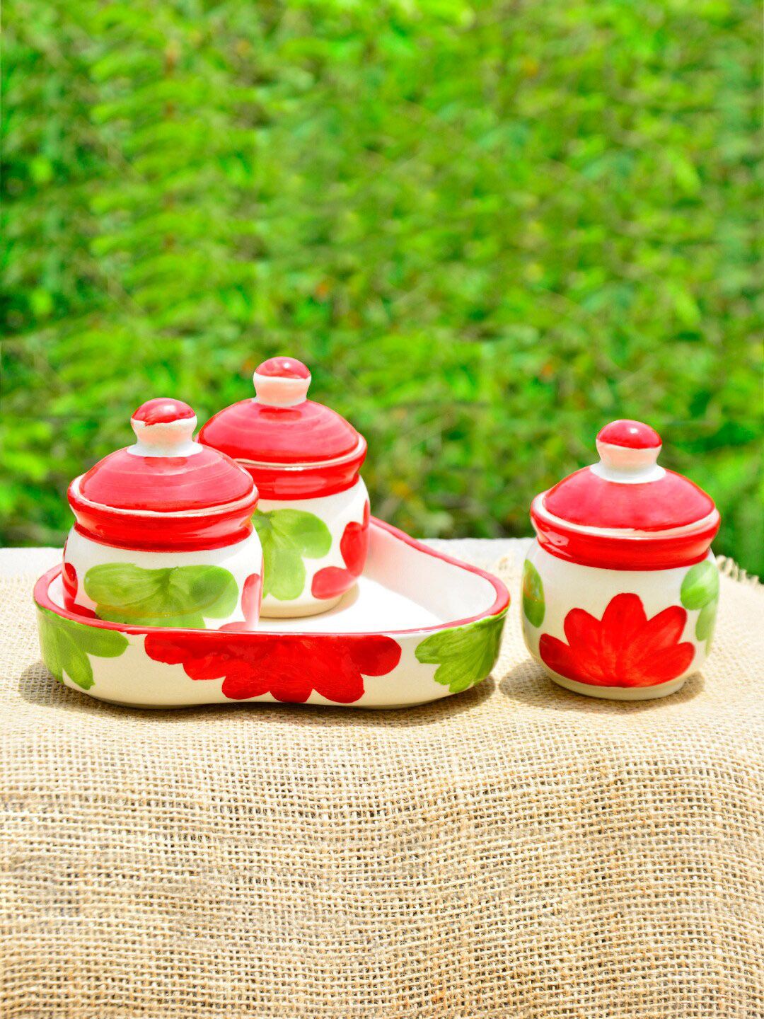 StyleMyWay Set Of 3 Red & Green Printed Ceramic Pickle Jar With Tray Price in India