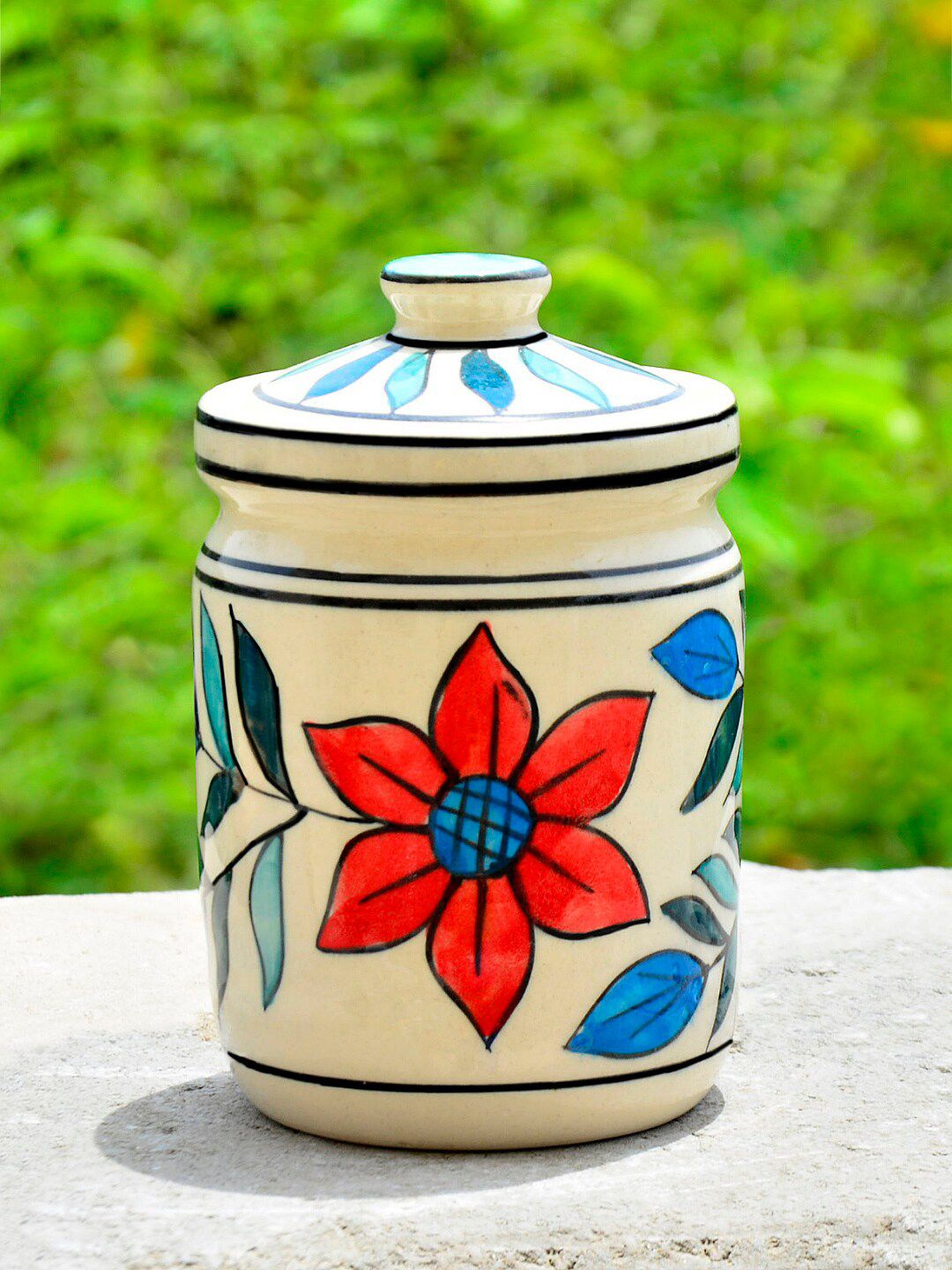 StyleMyWay Blue & Red Printed Ceramic Jar with Lid Price in India