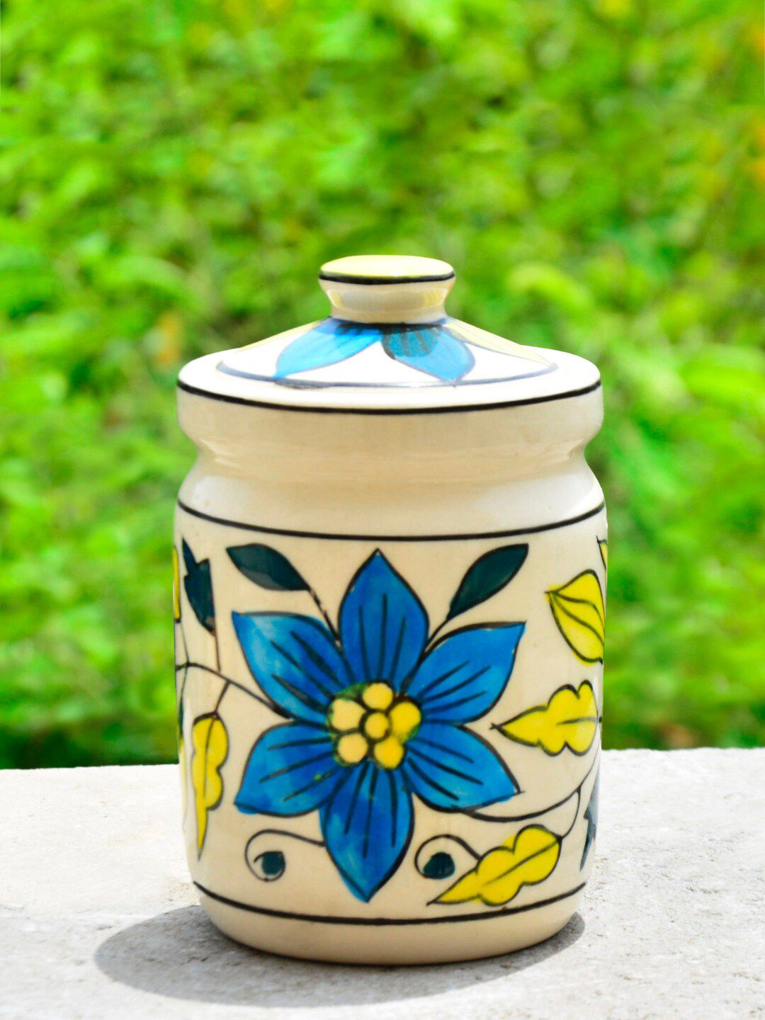 StyleMyWay Blue & Yellow Printed Ceramic Jar With Lid Price in India