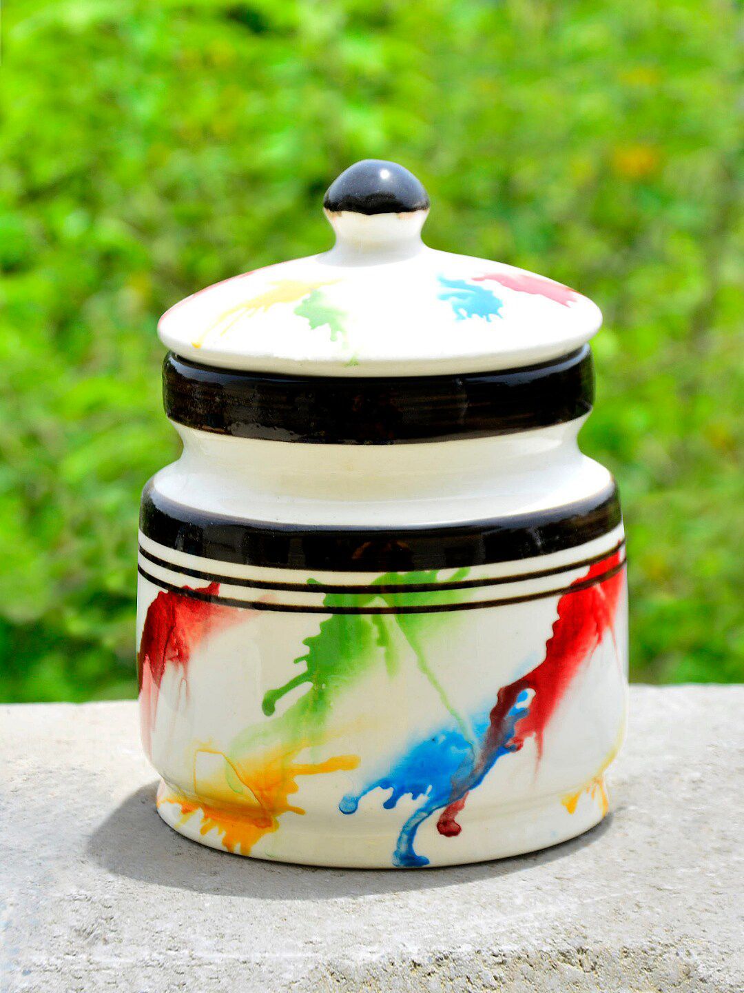 StyleMyWay Off White & Red Printed Ceramic Jar With Lid Price in India