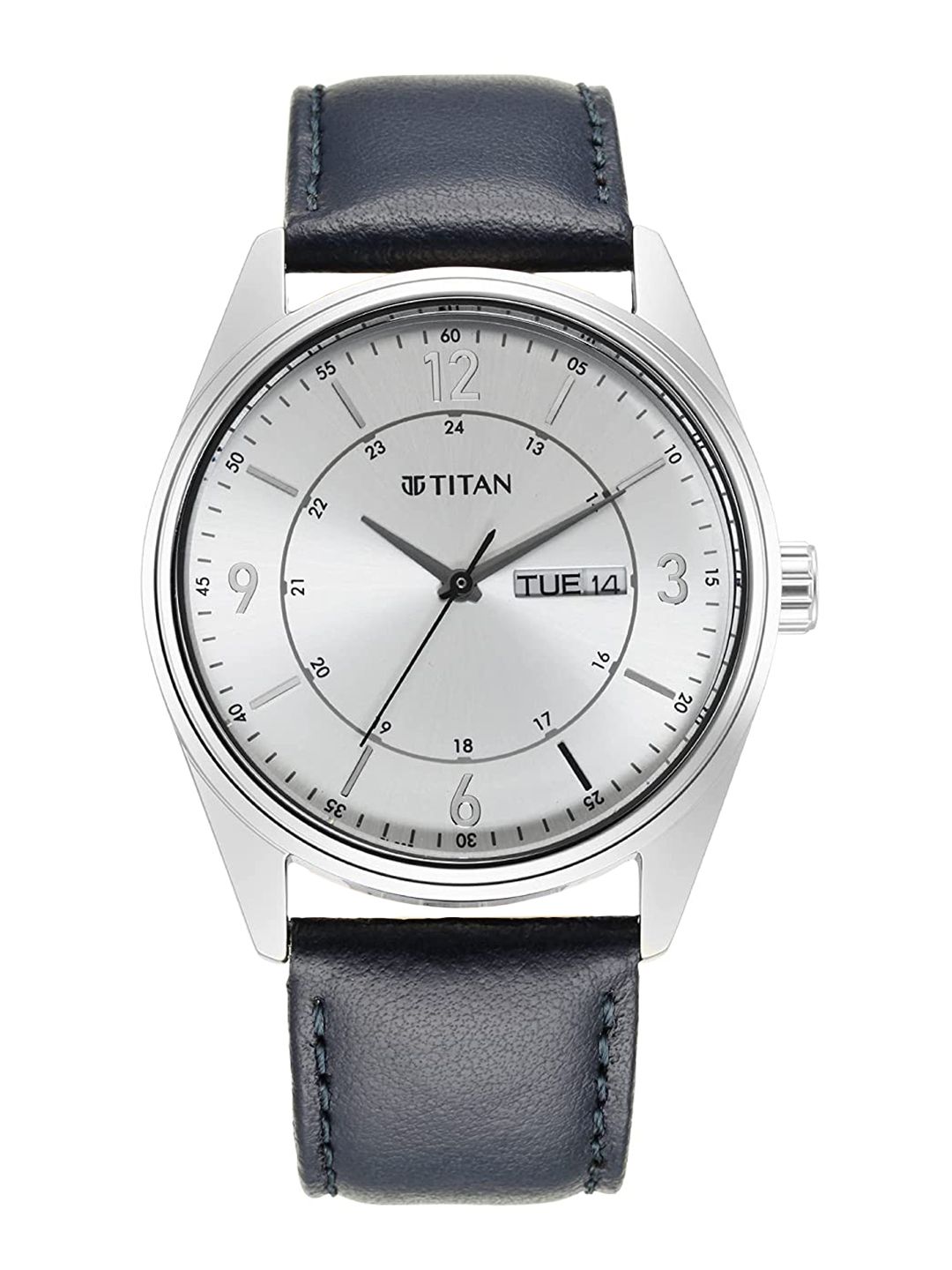 Titan Men Silver Toned Dial Blue Leather Straps Analogue Watch