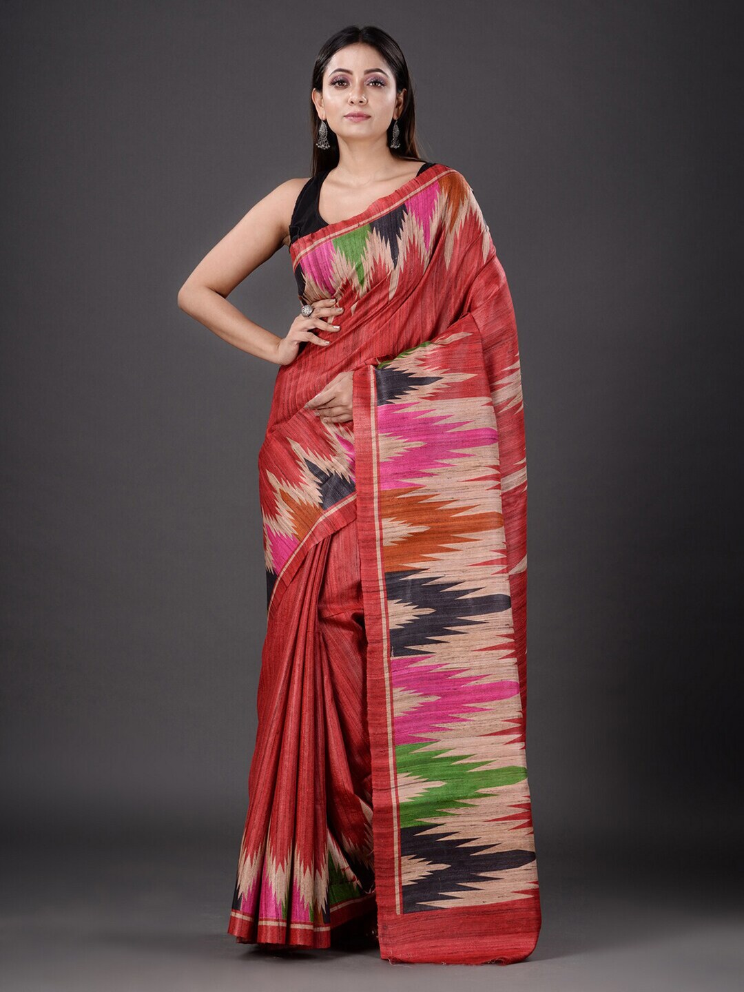 Mitera women Rust & Green Silk Blend Saree Price in India
