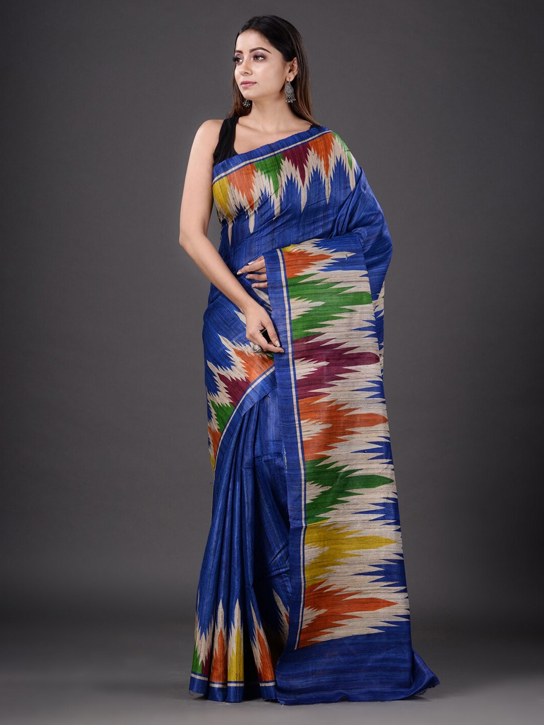 Mitera Blue & Yellow Silk Blend Saree Price in India