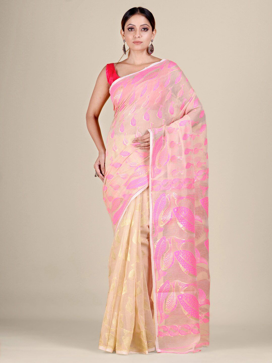 Mitera Pink & Nude-Coloured Woven Design Silk Cotton Saree Price in India