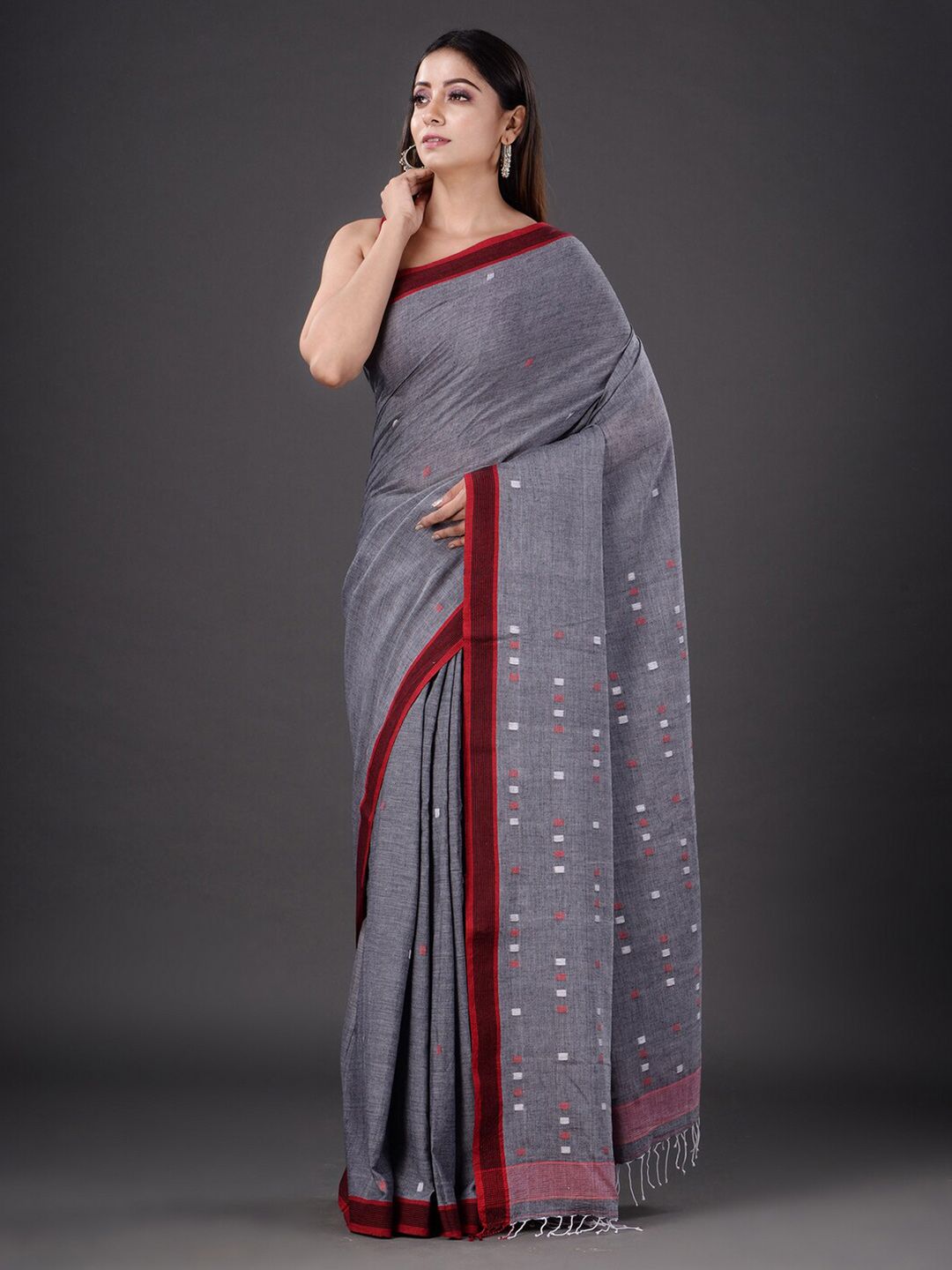 Mitera Grey & Maroon Woven Design Zari Pure Cotton Heavy Work Saree Price in India