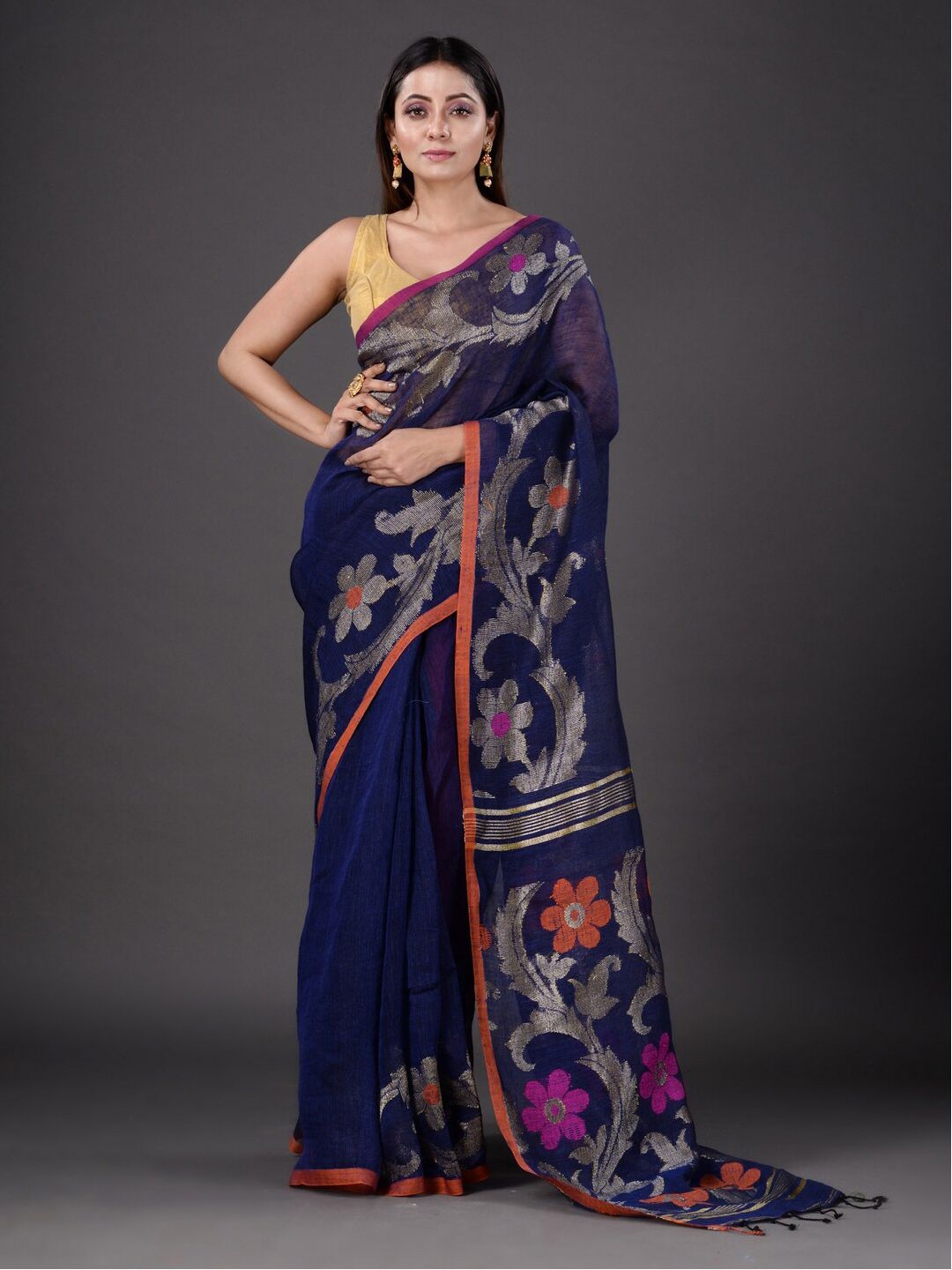 Mitera Blue & Orange Floral Pure Linen Saree Price in India