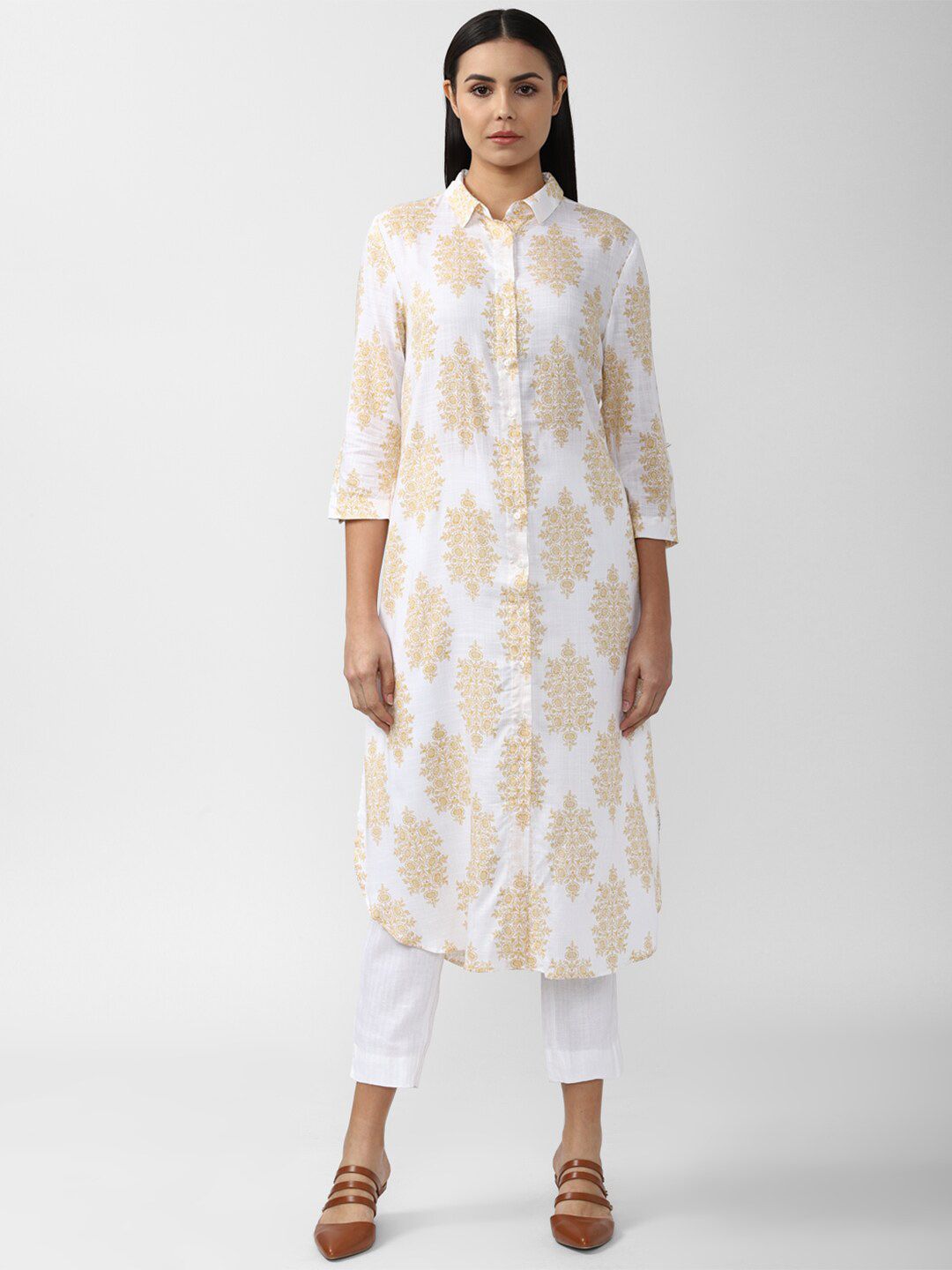 Van Heusen Woman White & Gold-Toned Viscose Rayon Shirt Collar Printed Tunic Price in India