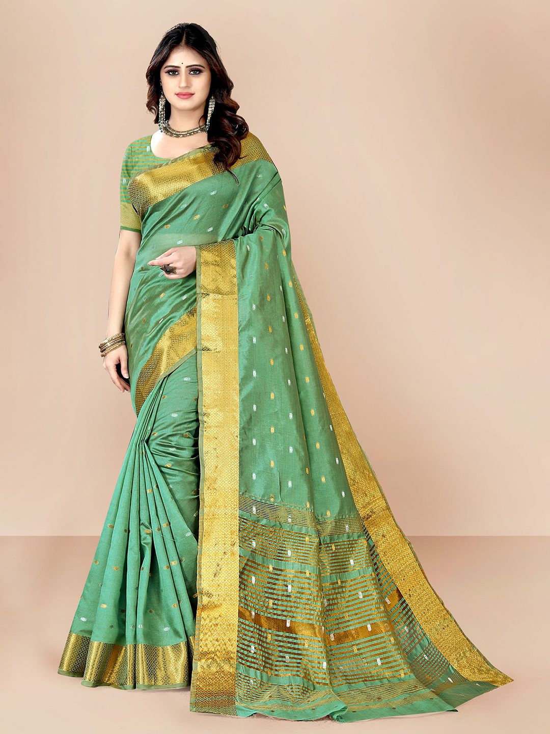 VAIRAGEE Green & Gold-Toned Woven Design Zari Pure Silk Heavy Work Banarasi Saree