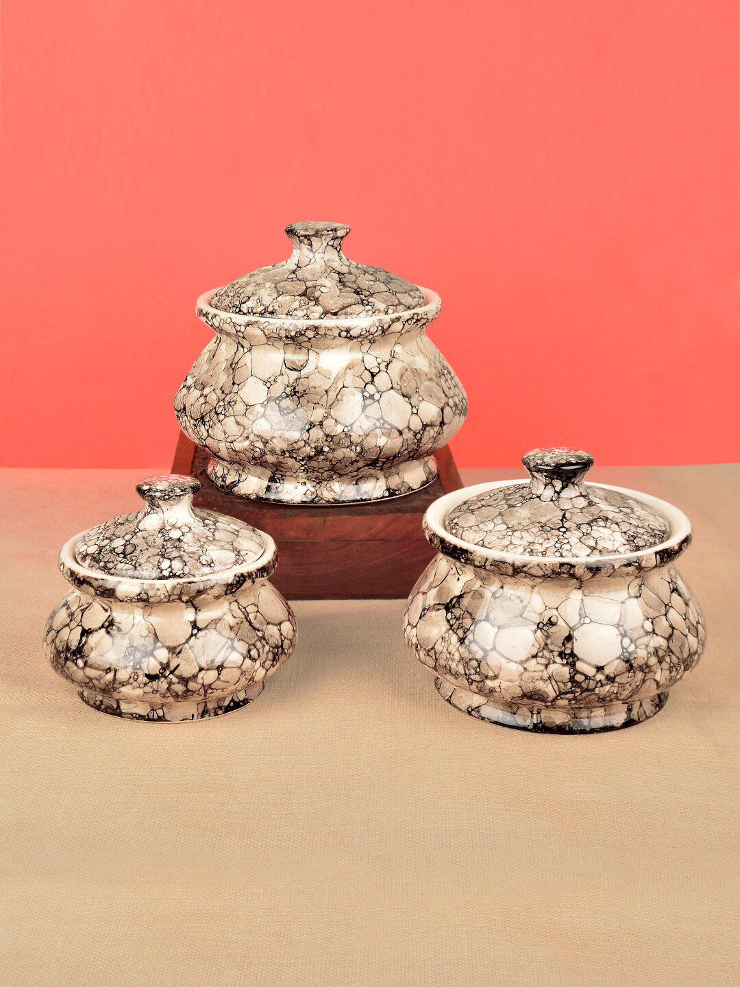 StyleMyWay Set Of 3 Grey & Black Hand-Painted Ceramic Handi Set With Lid Price in India