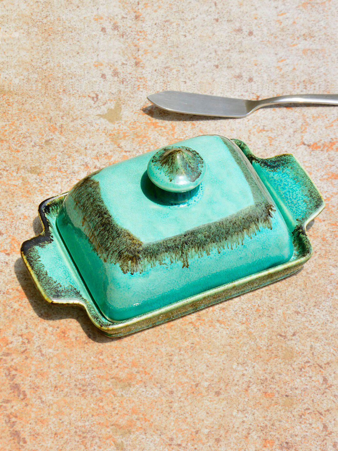 StyleMyWay Sea Green Solid Ceramic Butter Dish with Lid Price in India