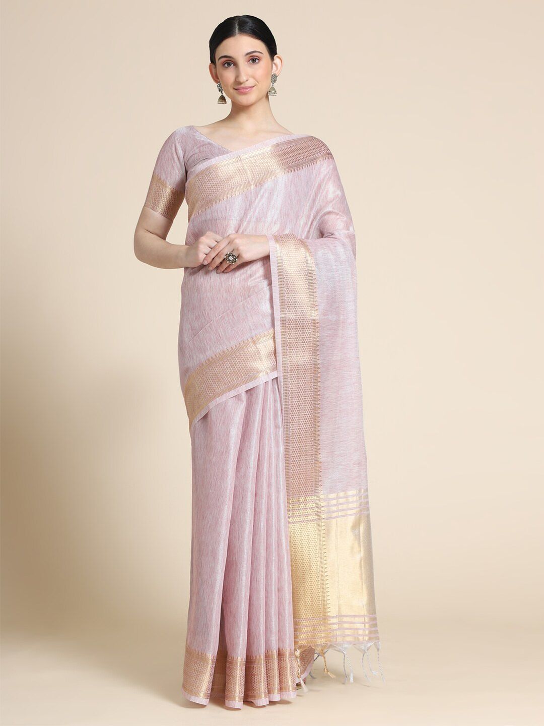 VISHNU WEAVES Women Pink & Gold-Toned Woven Design Zari Maheshwari Tissue Saree Price in India