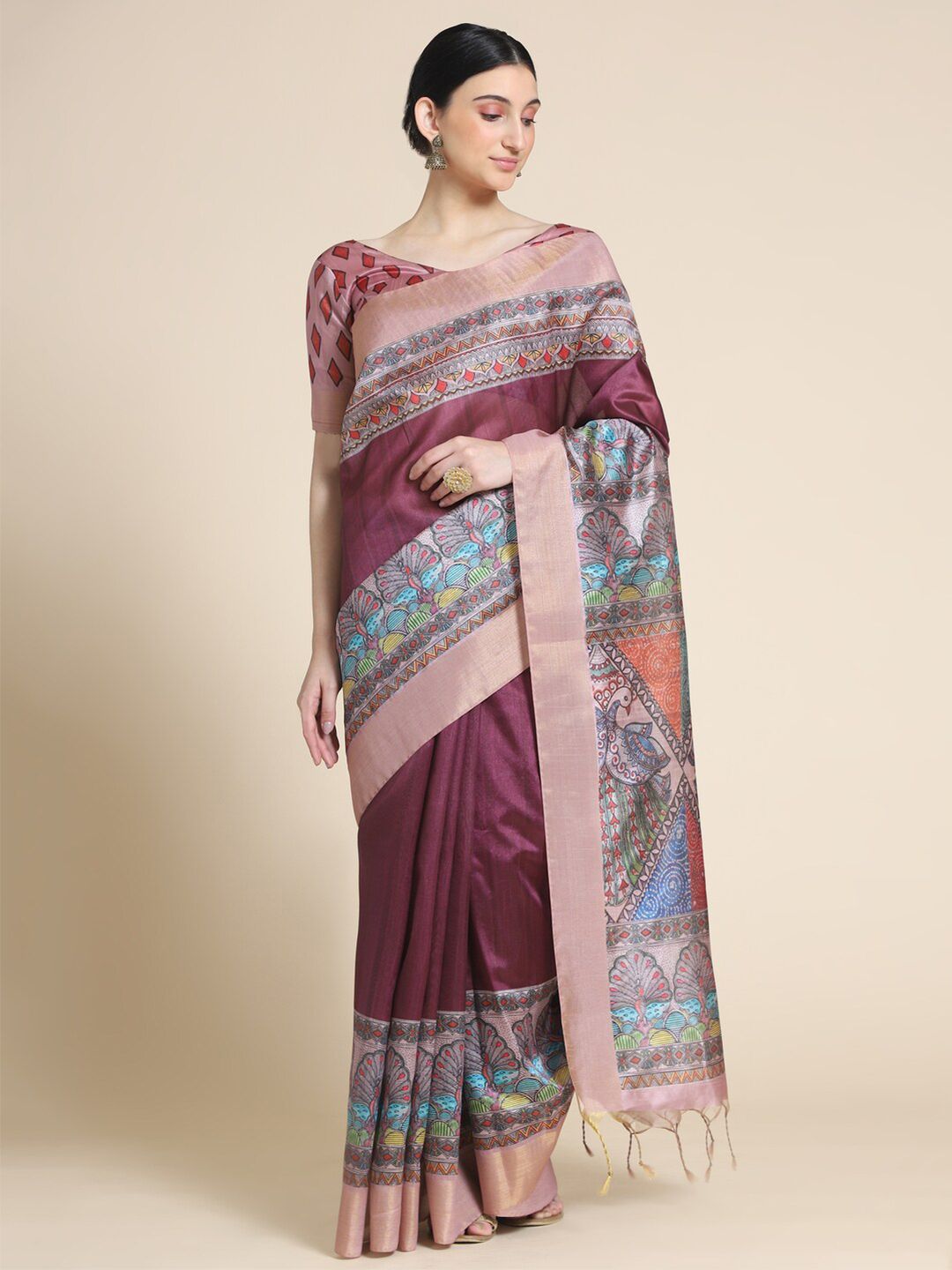 VISHNU WEAVES Women Mauve & Blue Embellished Printed Tussar Silk Saree Price in India