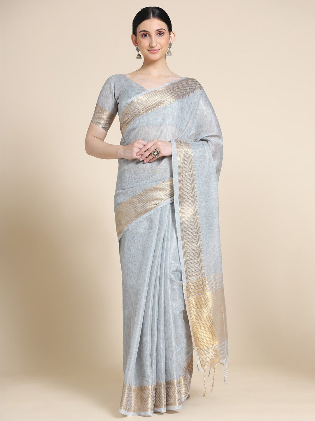 VISHNU WEAVES Women Grey & Gold-Toned Woven Design Zari Maheshwari Tissue Saree Price in India
