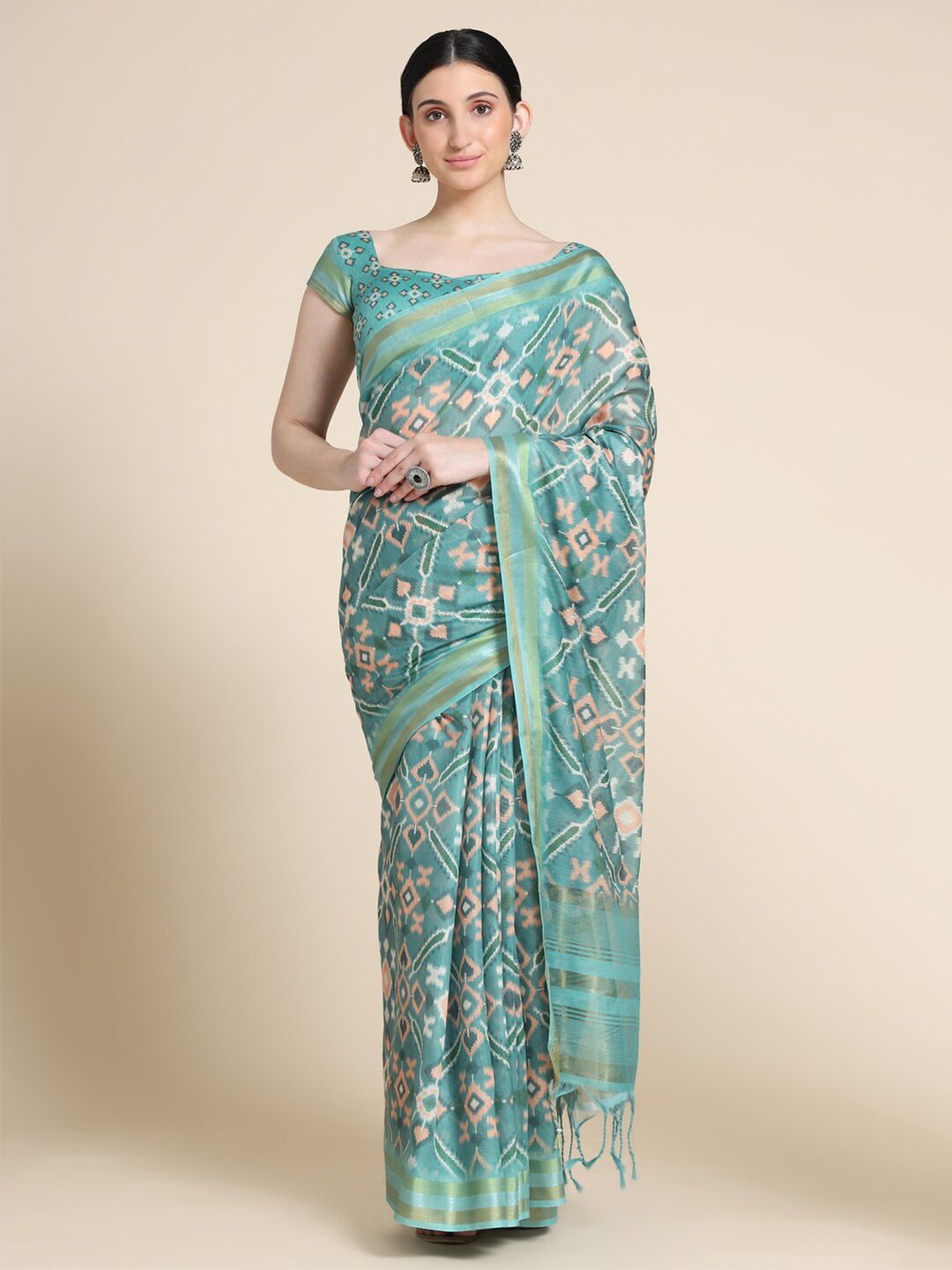 VISHNU WEAVES Green & Gold-Toned Patola Printed Cotton Saree Price in India