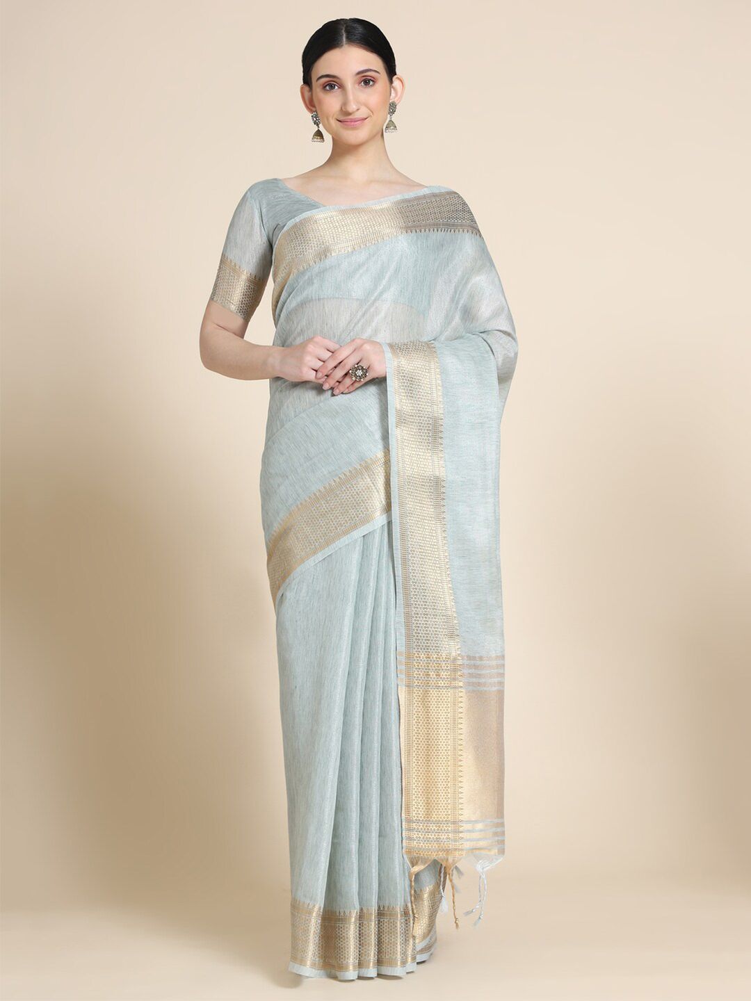 VISHNU WEAVES Women Sea Green & Gold-Toned Zari Maheshwari Tissue  Saree Price in India