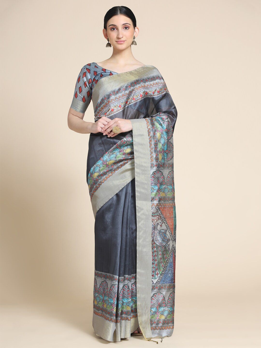 VISHNU WEAVES Women Grey & Red Embellished Printed Tussar Silk Saree Price in India
