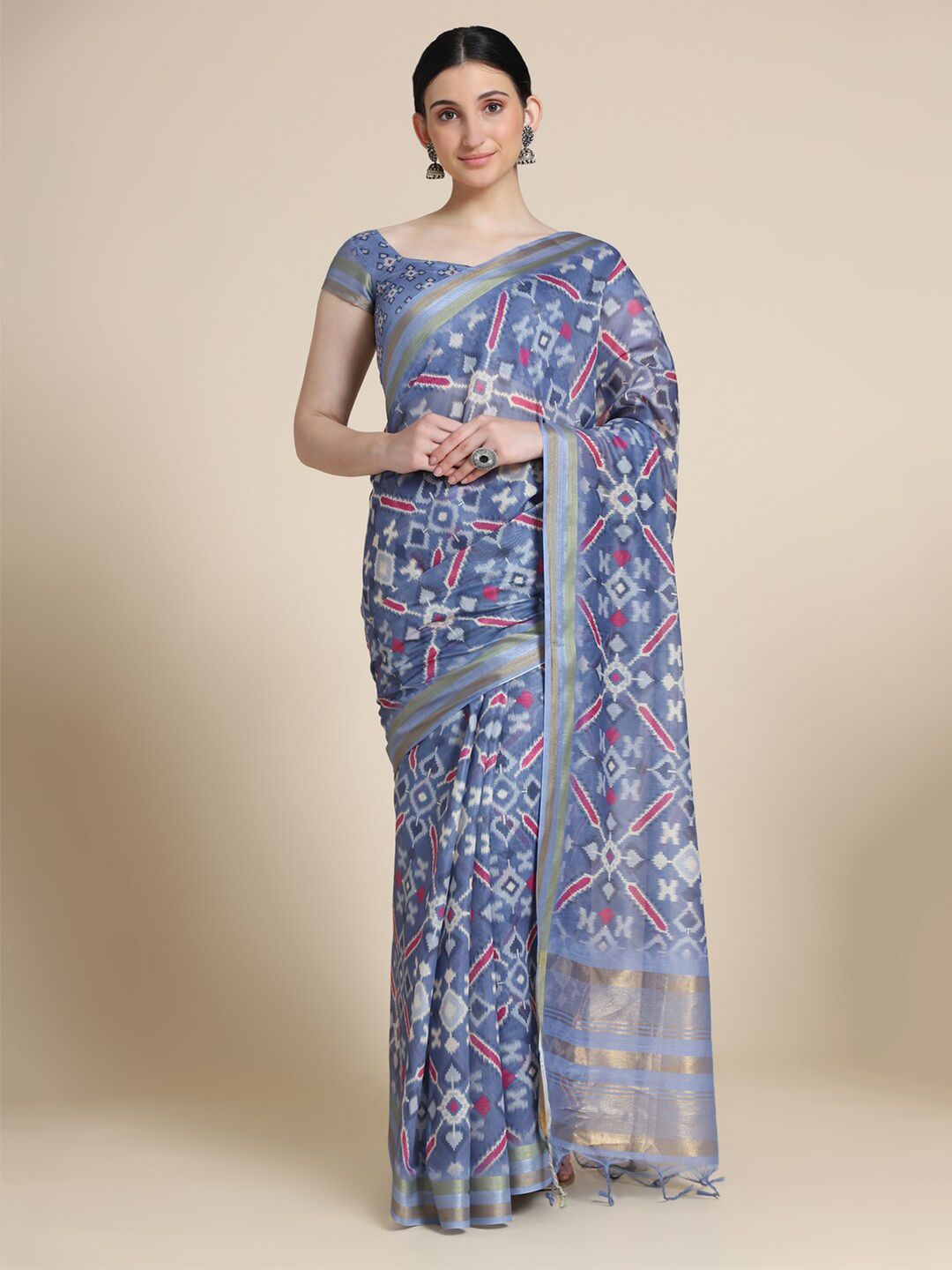 VISHNU WEAVES Women Blue & White Patola Printed Cotton Saree Price in India