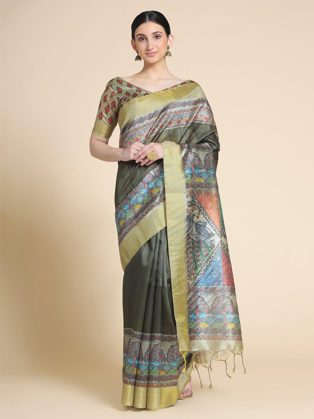 VISHNU WEAVES Women Olive Green & Blue Embellished Printed Tussar Silk Saree Price in India