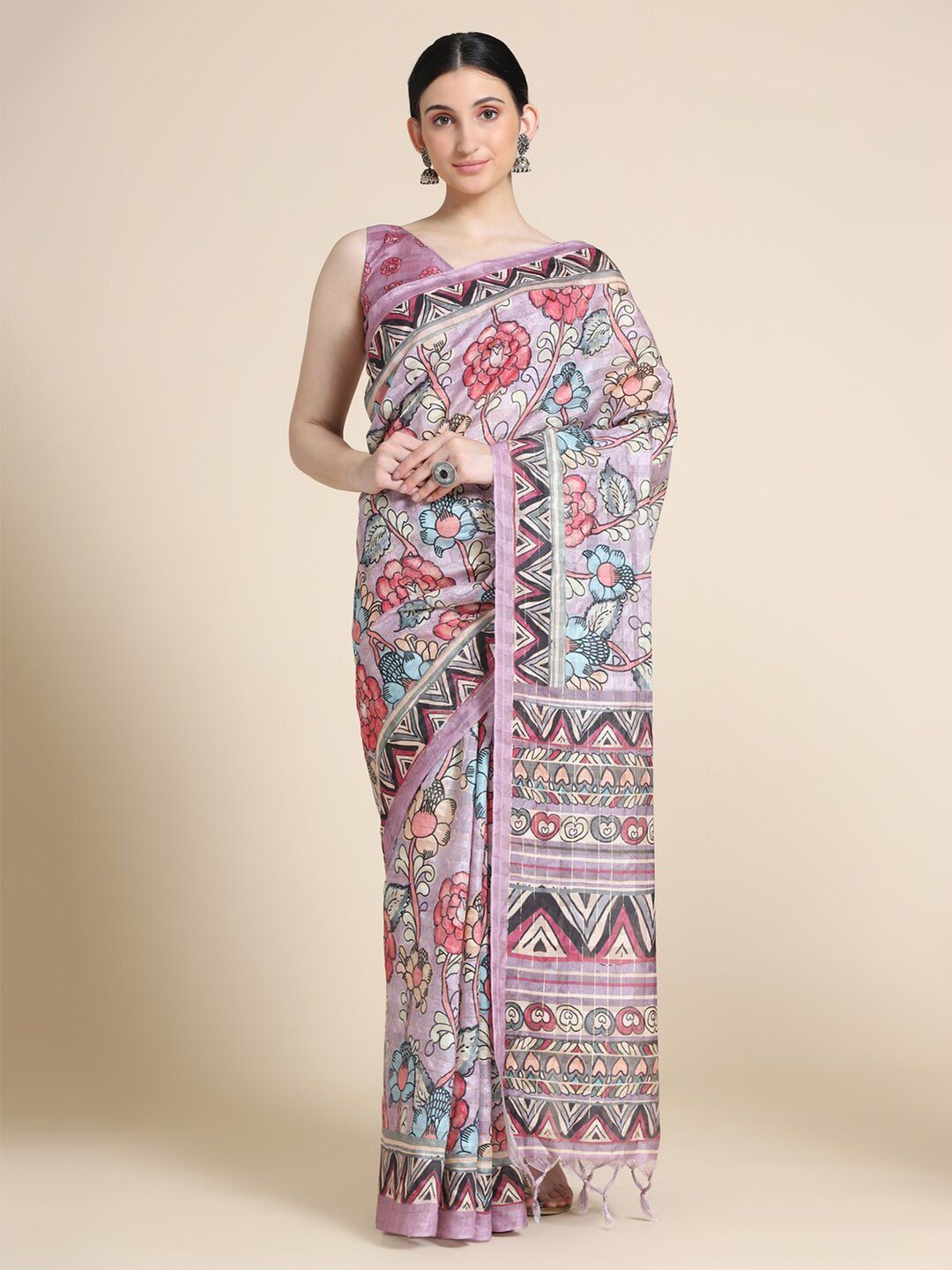 VISHNU WEAVES Mauve & Grey Kalamkari Printed Cotton Saree Price in India
