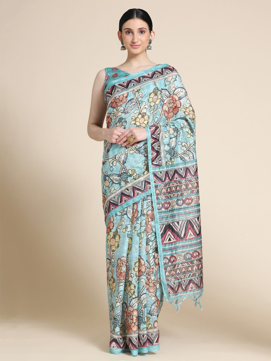 VISHNU WEAVES Green & Rust Kalamkari Printed Cotton Saree Price in India
