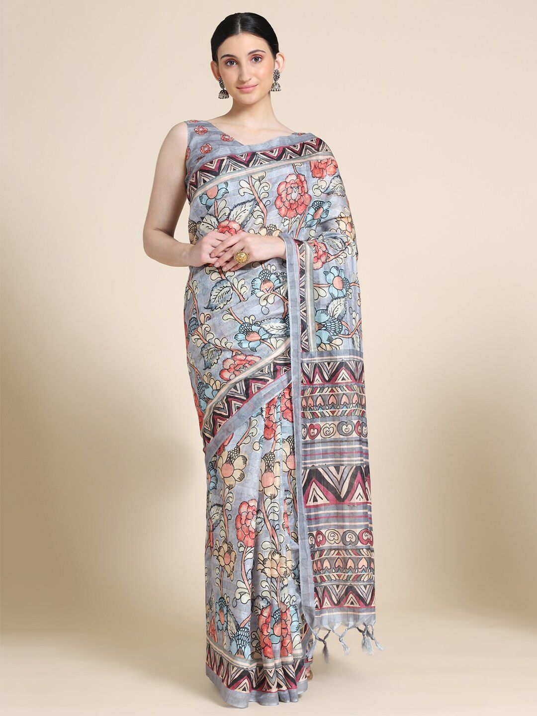 VISHNU WEAVES Women Grey & Rust Kalamkari Printed Cotton Saree Price in India
