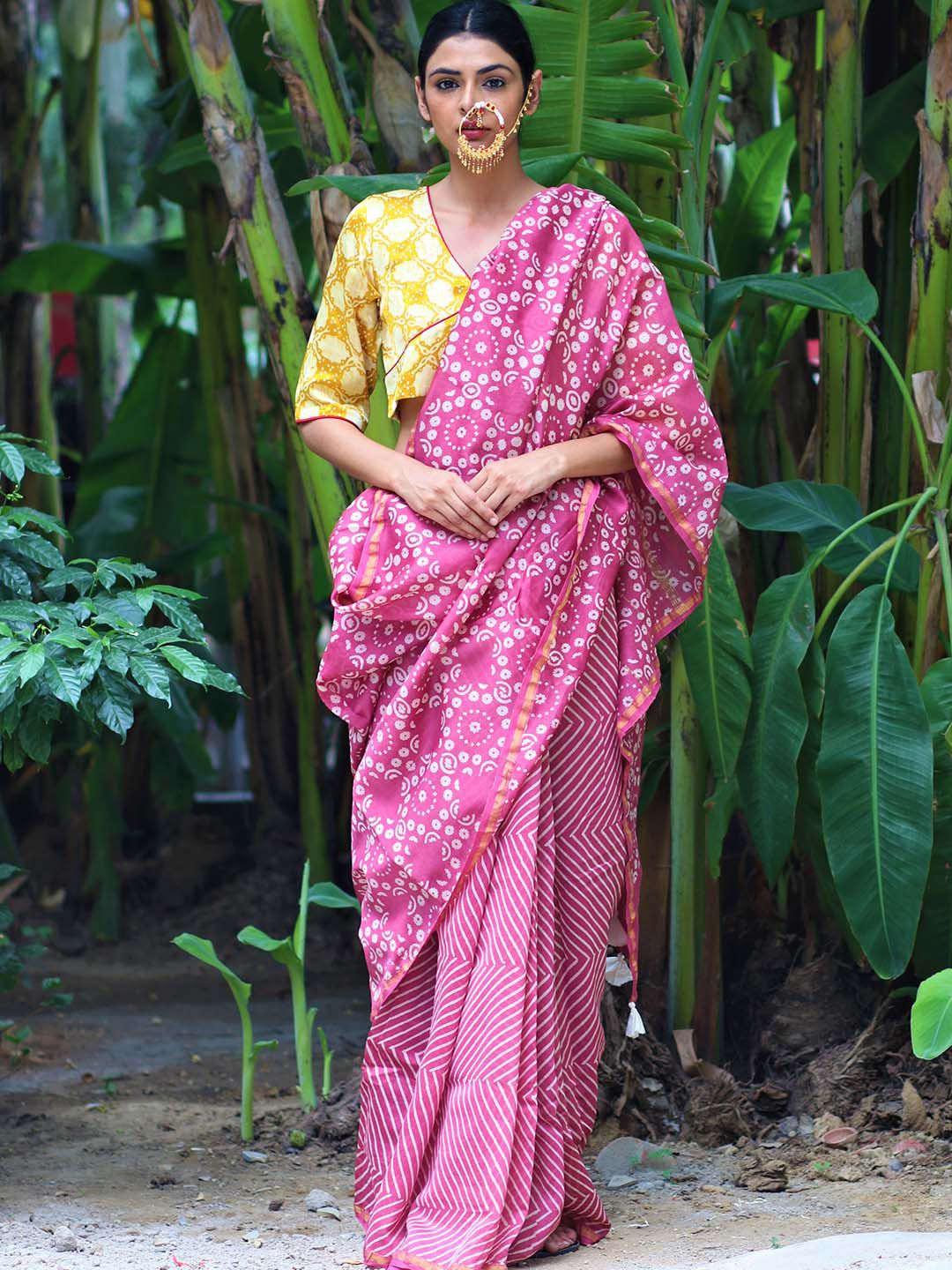 Chidiyaa Pink & White Floral Pure Silk Block Print Chanderi Saree Price in India