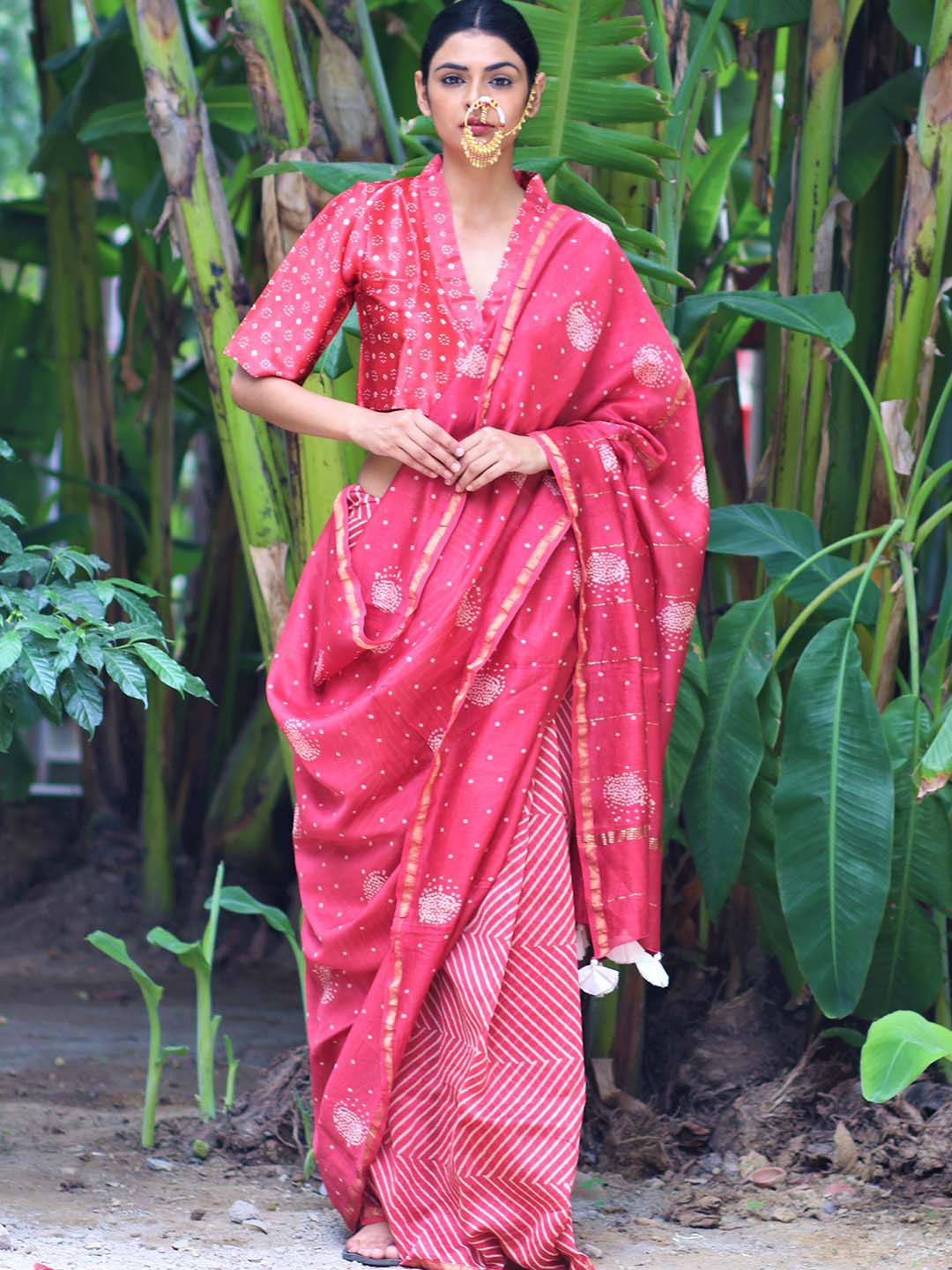 Chidiyaa Pink & White Ethnic Motifs Pure Silk Chanderi Saree Price in India