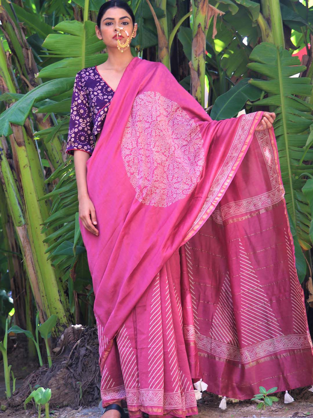 Chidiyaa Pink & White Ethnic Motifs Zari Pure Silk Saree Price in India