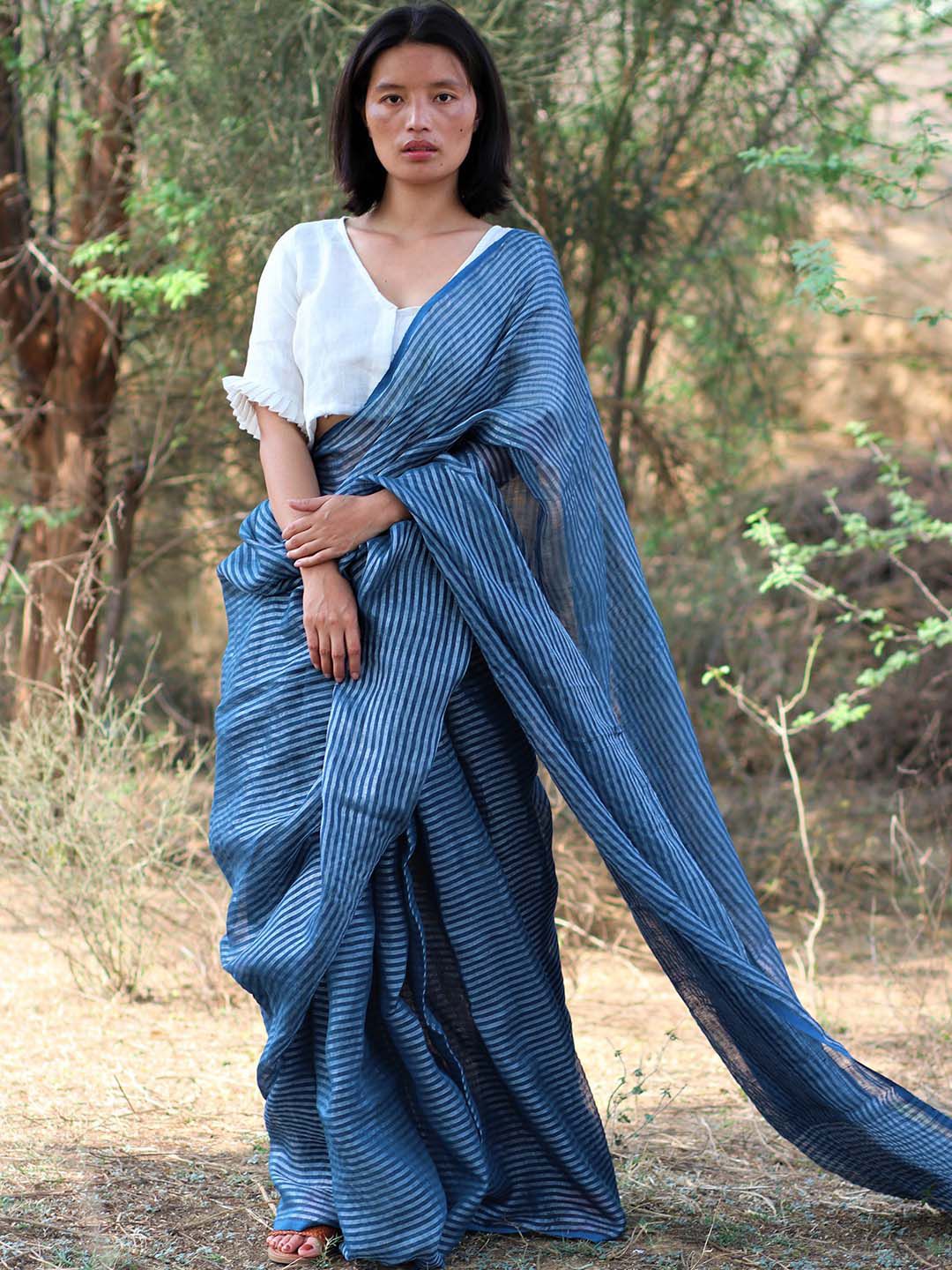 Chidiyaa Blue & White Striped Pure Linen Saree Price in India