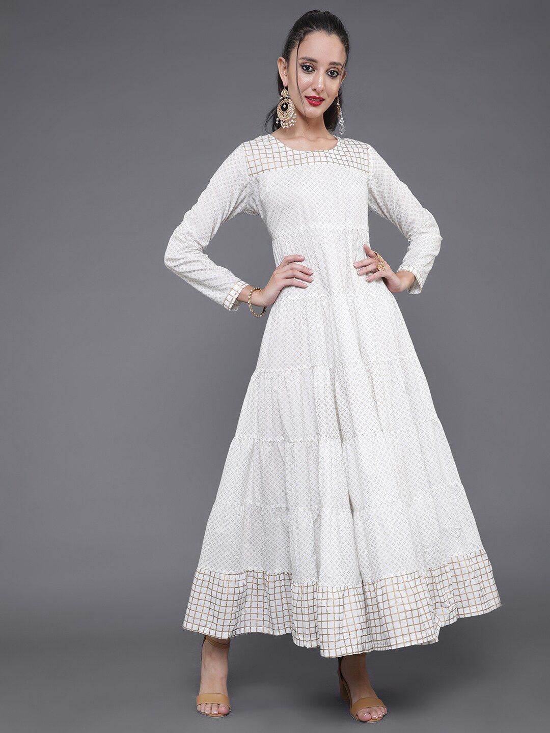 saubhagya White Checked Tiered Flared Anarkali Dress Price in India