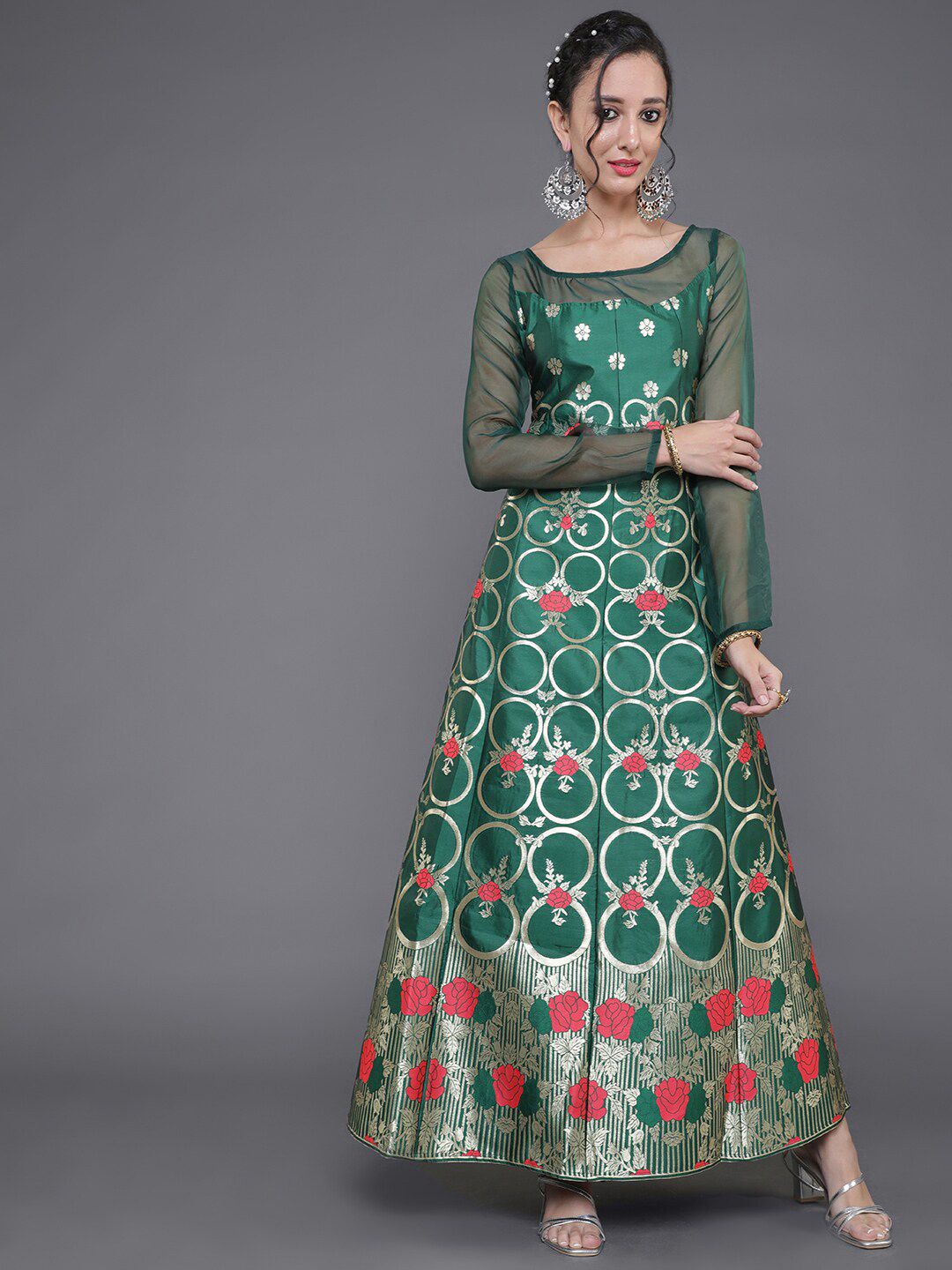 saubhagya Green Floral Zari Jacquard Maxi Dress Price in India