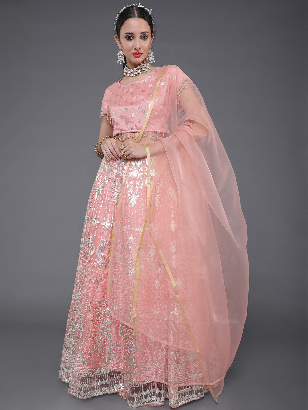 saubhagya Peach-Coloured & Silver-Toned Printed Ready to Wear Lehenga & Blouse With Dupatta Price in India