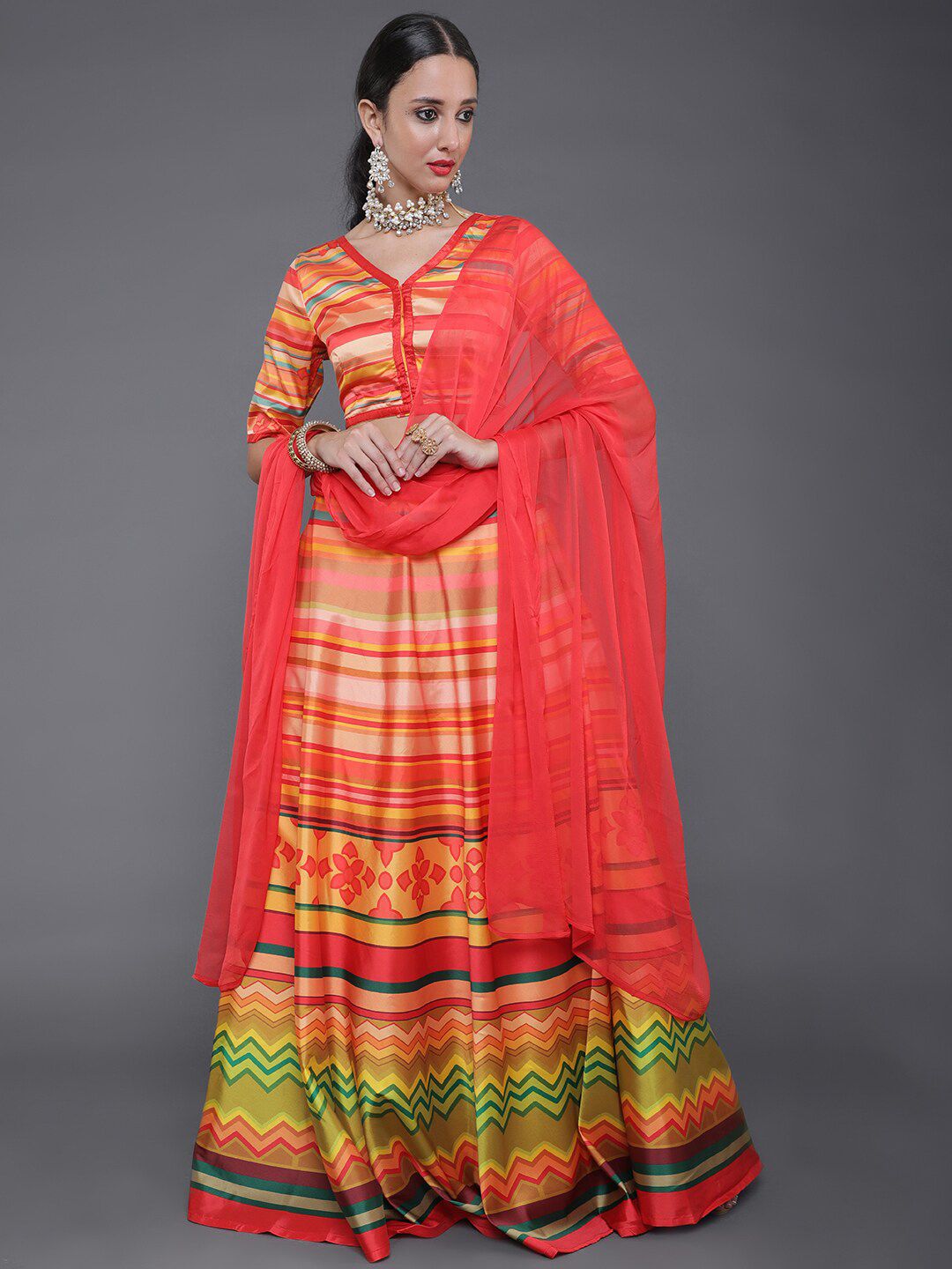 saubhagya Red & Yellow Printed Ready to Wear Lehenga & Blouse With Dupatta Price in India