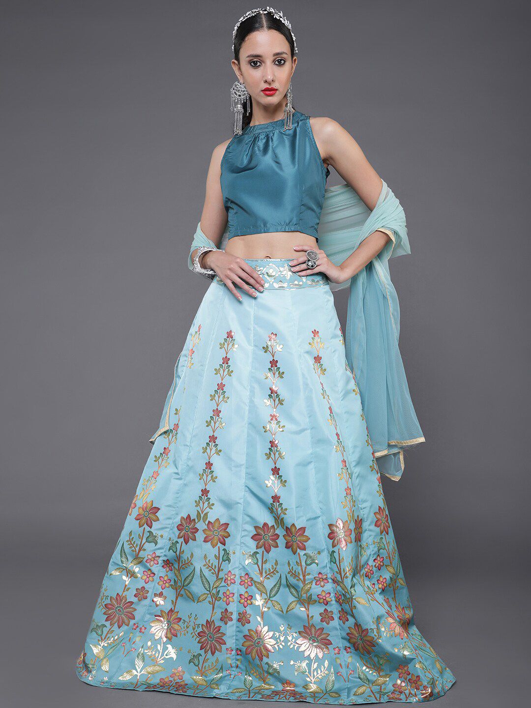 saubhagya Teal & Blue Printed Ready to Wear Lehenga & Blouse With Dupatta Price in India